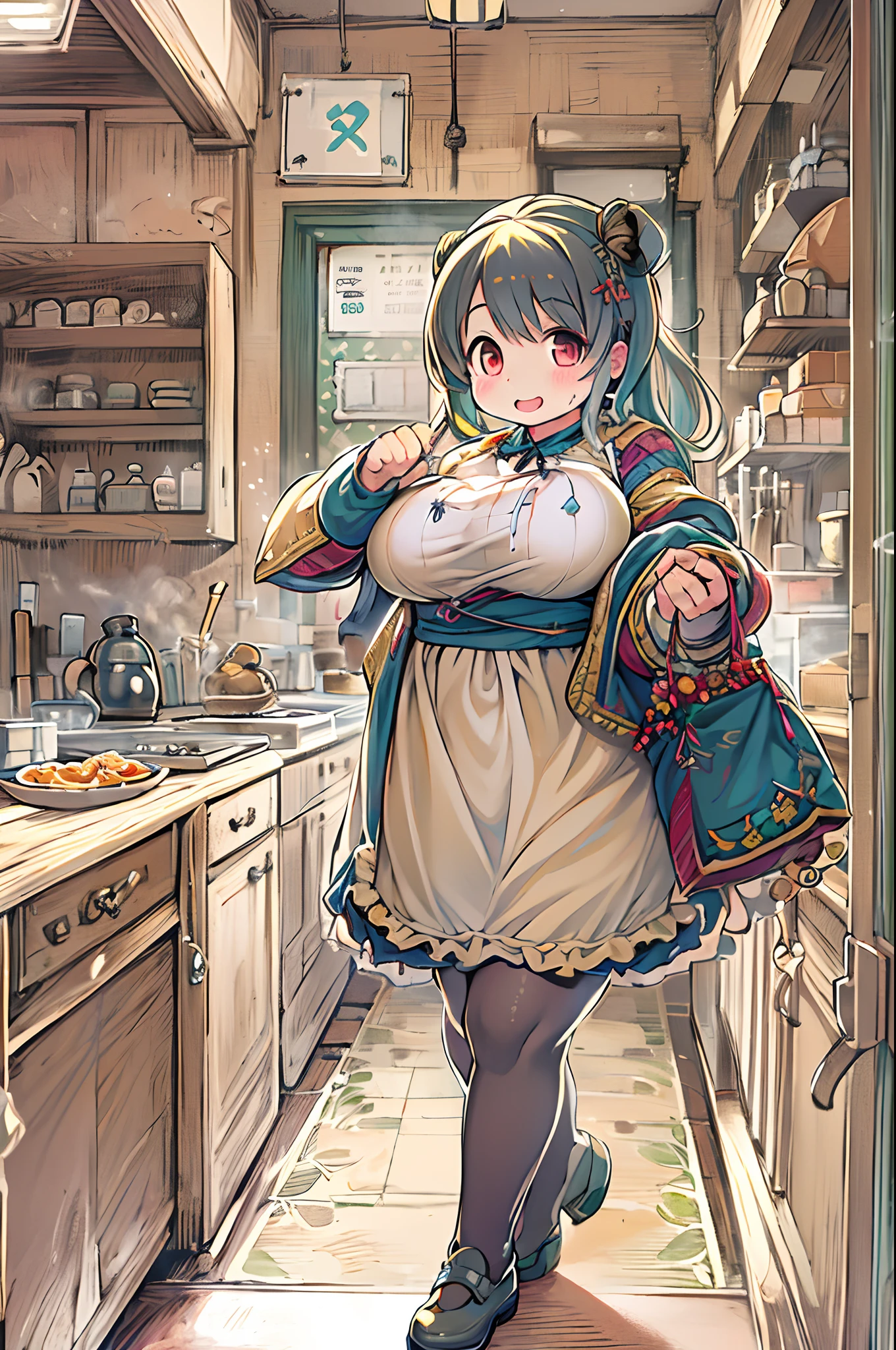 JPNIDOL, 1girl in, masutepiece, High quality, Looking at Viewer,bbw、huge-breasted、entranceway、Wearing an apron、meeting、house wife