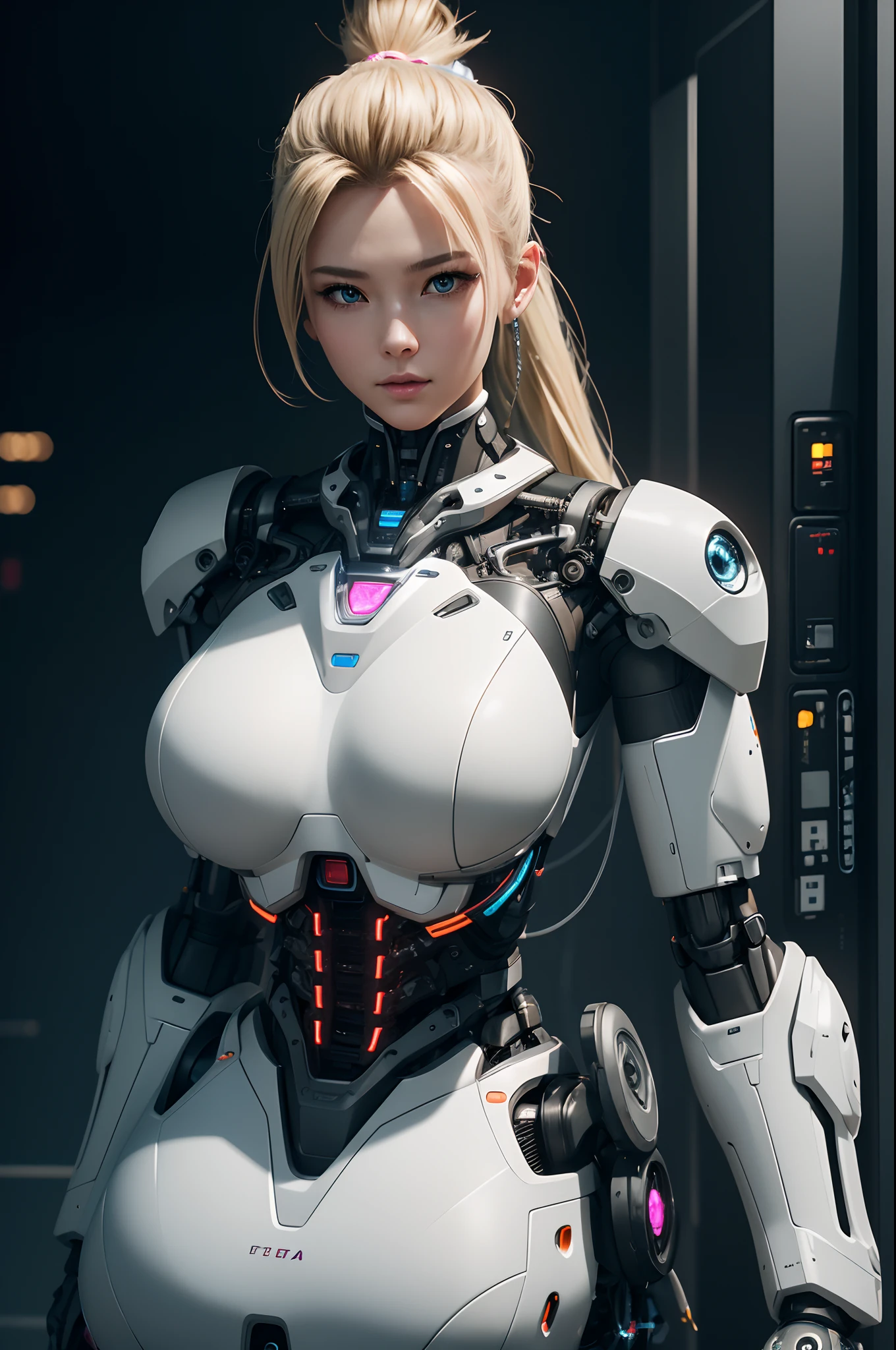 Intelligent Bionic Robot、femele、Cyborg Robot Parts、cable electric wires、microchips、bright studio、hyperphotorealism、high-detail、intricate detailes、softlighting、Rim Lights、rendering by octane、Unreal Engine 5 Renders、Mechanical Public Enemy Style、8K、top-quality、masterpiece、Low ISO、White Balance、high key lighting、Creates a soft and graceful feel with a shallow depth of field,超A high resolution,Big Breast Machine,cyberpunked,Blonde Mohawk.Connected to a large number of cables,In the process of being made,
