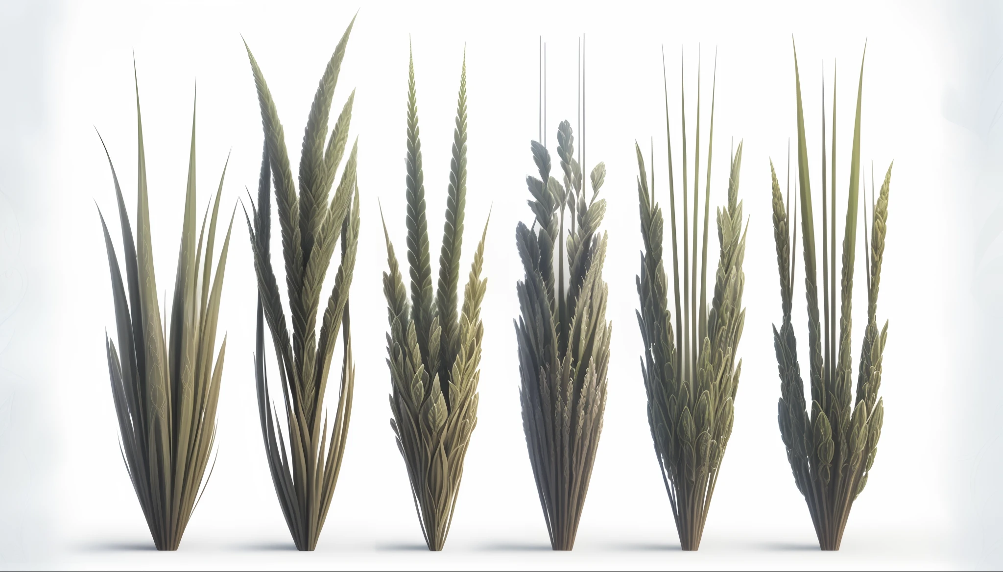Several different types of grass are shown in a row, stylized vegetation, galhos e plantas hiperdetalhados, textura estilizada da grama, botanical fractal structures, Megascans Quixel, Detailed organic textures, plantas detalhadas, alien foliage plants, Quixel Texturas, grains", characters 8k symmetrical, plantas secas, colheita, Plantas intrincadas, espinhos