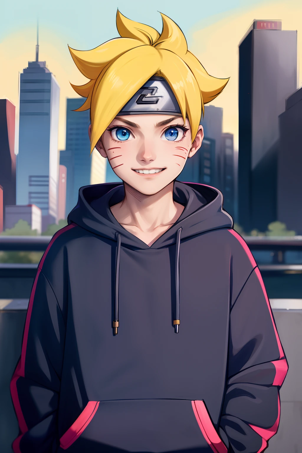 masterpiece, ultra-detailed, 1boy, male focus, upper body shot, Uzumaki Boruto wearing maroon Streetwear Hoodie, yellow hair, Blue eyes, look at viewer, happy face, vibrant colors, cityscape background, dinamic lighting, highly detailed face, stylish, urban style, cool attitude, bokeh, blurry background,
