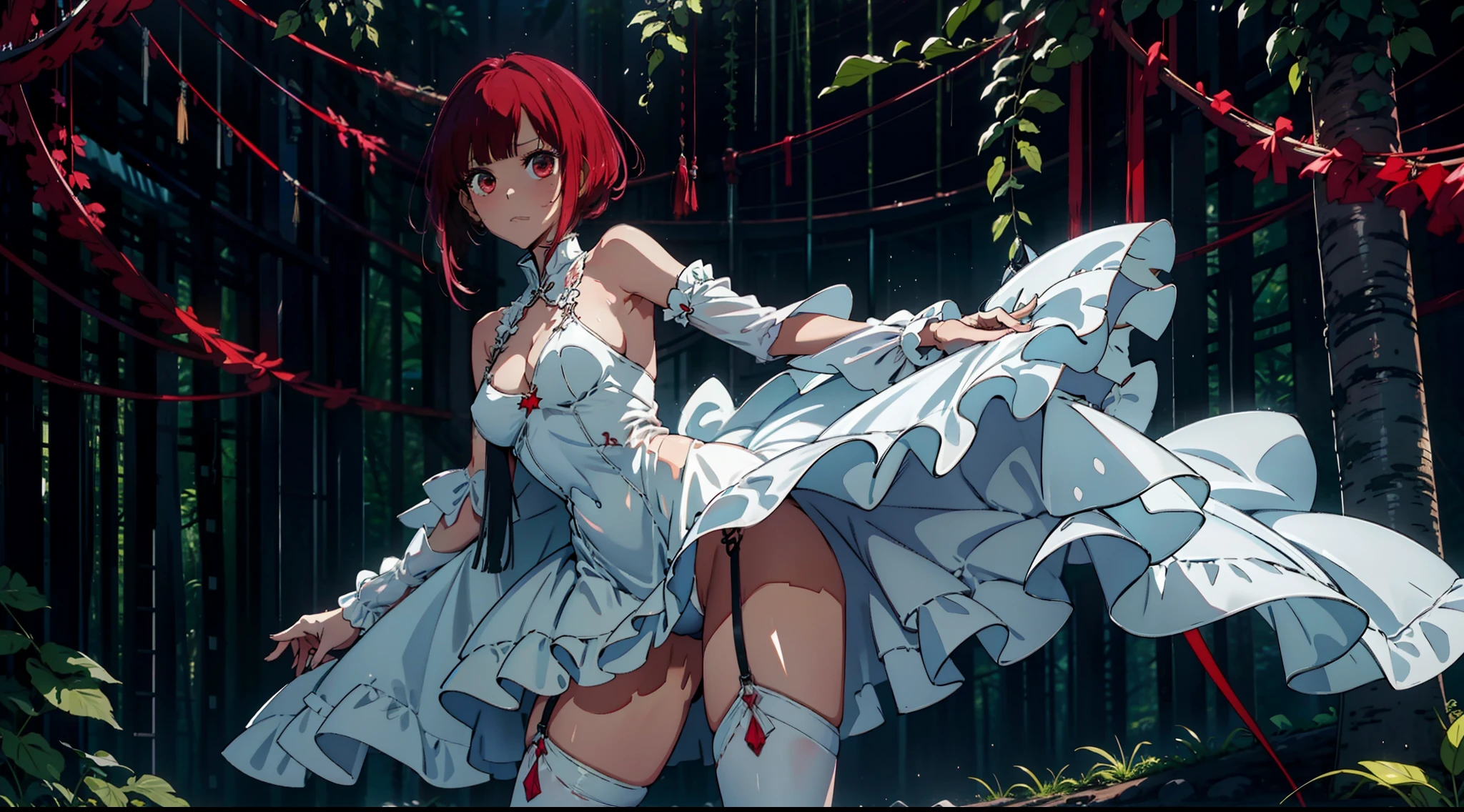 1female,,Slim,熟妇,medium cleavage breasts Thin waist,slenderlegs,Pornographic exposure, 独奏,Arima Kana, star pupils, (white prom dress, stocking, red high heels), looking at viewer,(Background with:ln the forest,the rainforest,in summer,sexy pose,Sweat profusely,drenched all over the body,seen from the front, hair straight, mostly cloudy sky,(((tmasterpiece),(Very detailed CG unity 8K wallpaper),best qualtiy,cinmatic lighting,detailed back ground,beatiful detailed eyes,Bright pupils,(Very fine and beautiful),(Beautiful and detailed eye description),ultra - detailed,tmasterpiece,)),facing at camera,(Full body photo),Show shoes,A high resolution,ultra - detailed),revealing breasts, Bulge,legs are open,Raised sexy,Flushed complexion,Open-mouthed,frontage,full body,