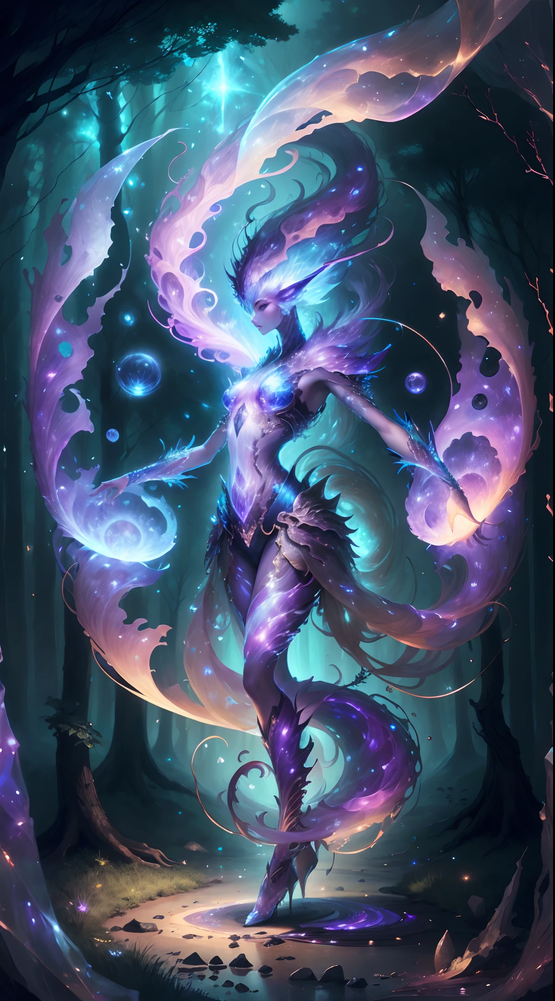 V0id3nergy night sky, ethereal cosmic entity (female translucent:1.5) forms in the sky, beautiful, fantasy, sharp focus