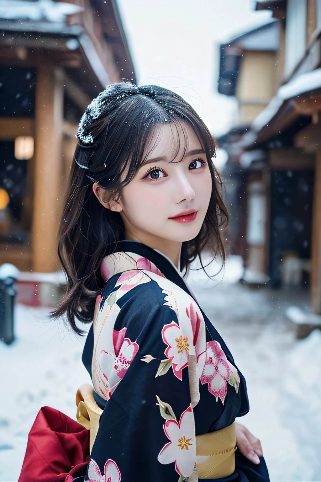 (Kimono)、、(top-quality,​masterpiece:1.3,超A high resolution,),(ultra-detailliert,Caustics),(Photorealsitic:1.4,RAW shooting,)Ultra-realistic capture,A highly detailed,high-definition16Kfor human skin、 Skin texture is natural、、The skin looks healthy with an even tone、 Use natural light and color,One Woman,japanes,,kawaii,A dark-haired,Middle hair,(depth of fields、chromatic abberation、、Wide range of lighting、Natural Shading、)、、(Falling snow:1.2)、(Hair swaying in the wind:1.2)、(Snow reflects light:1.2)、(Back lighting:1)