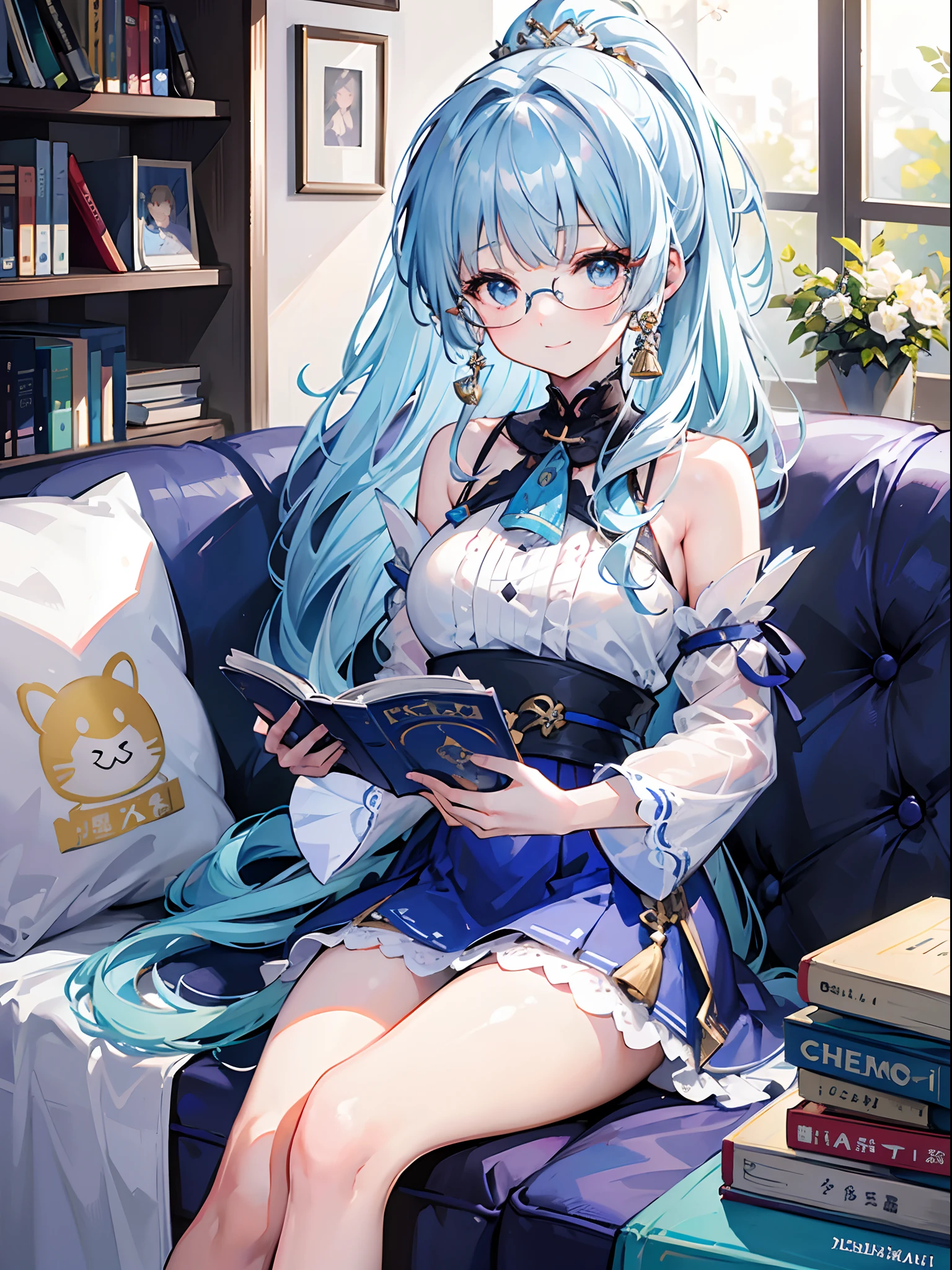 masterpiece), (best quality), (ultra detailed),(disheveled hair),(illustration), (1girl), standing, smiling, beautiful detailed eyes, light blue eyes, detailed beautiful face, (kamisato ayaka: 1.2), focus on face, ponytail, kamisato ayaka(genshin impact), light blue hair, detailed hair, bangs, best lighting, best shadow, highly detailed, vibrant, sitting on sofa, wearing glasses, reading book