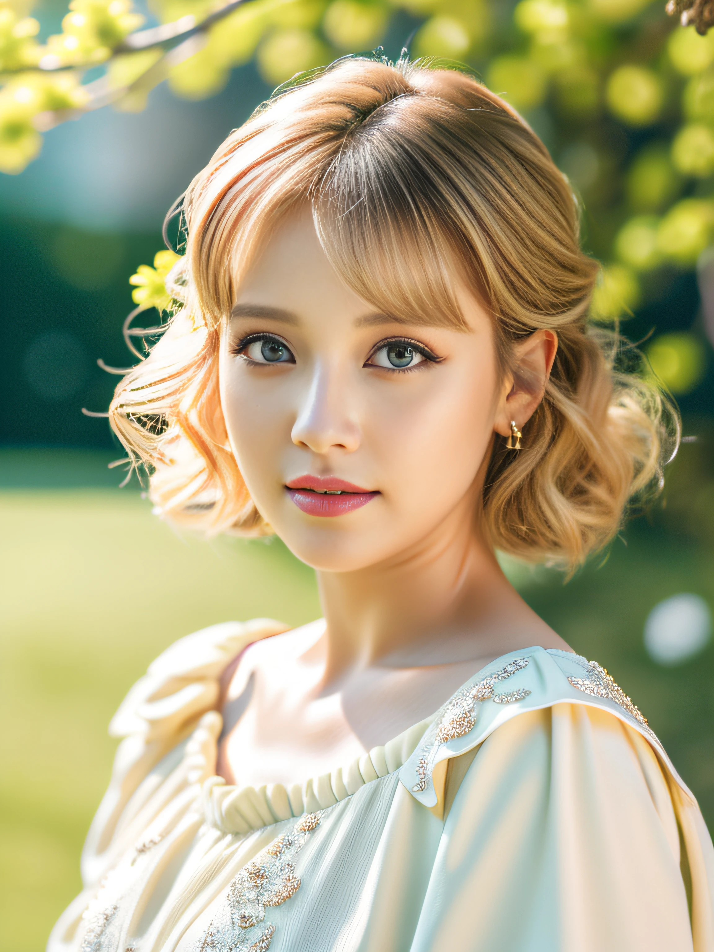 (masutepiece:1.2), (Best Quality:1.2), Perfect eyes, Perfect face, Perfect Lighting, 1girl in, Mature woman in the field, medium blonde hair, Curly hair, detailed  clothes, White dress、Detailed outdoor background, makeup, eyeshadows, thick eyelashes, Fantasy, Looking at the viewer, spring