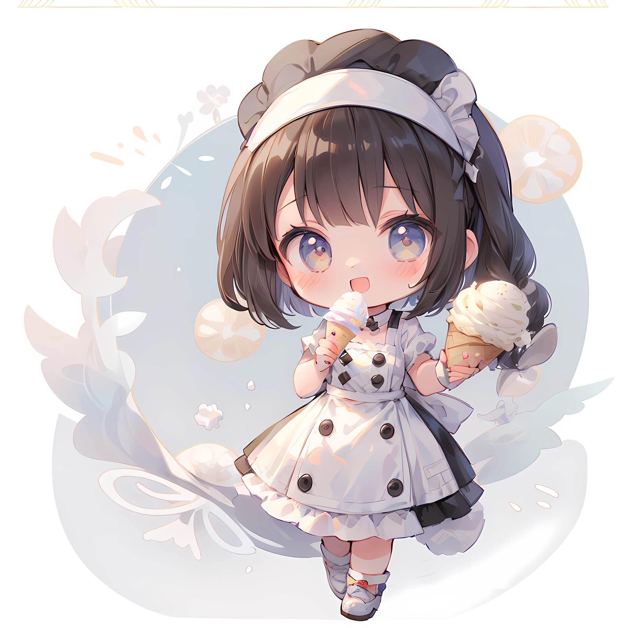 masterpiece, best quality, extremely detailed, (((a girl))), (((solo))), happy, full body, ahoge, (chef costume:1.1), (white chef hat):1.2), (hold a ice cream:1.3), stylish pose, (((chibi character))), (((deformed))), (kitchen background:1.2)