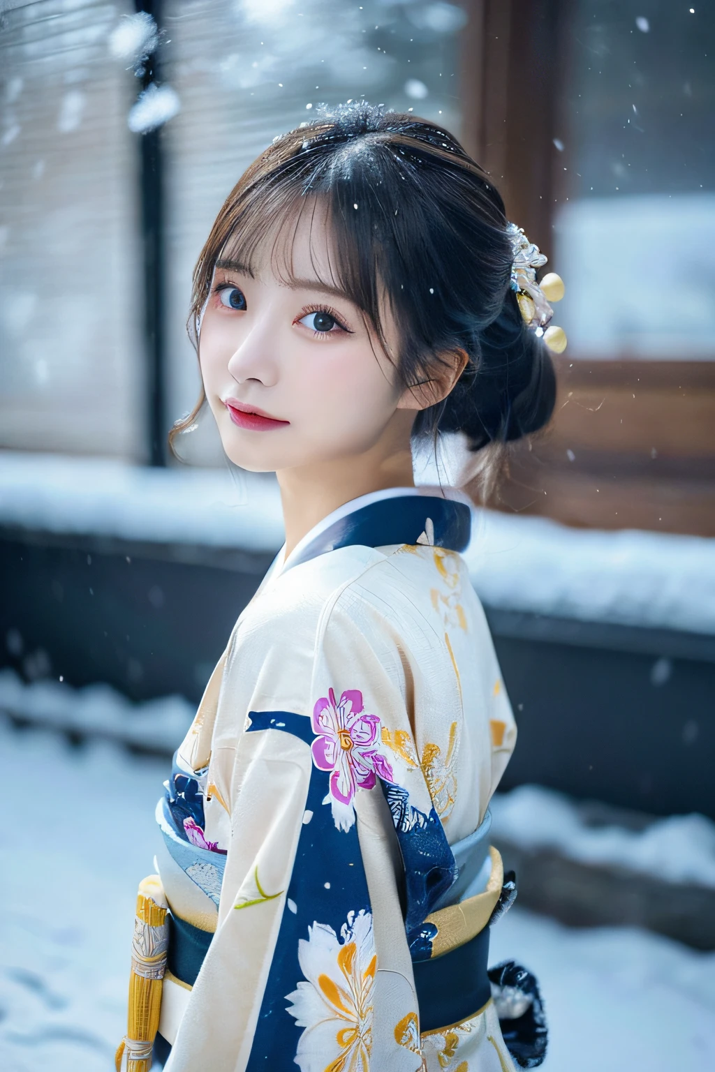 (Kimono)、、(top-quality,​masterpiece:1.3,超A high resolution,),(ultra-detailliert,Caustics),(Photorealsitic:1.4,RAW shooting,)Ultra-realistic capture,A highly detailed,high-definition16Kfor human skin、 Skin texture is natural、、The skin looks healthy with an even tone、 Use natural light and color,One Woman,japanes,,kawaii,A dark-haired,Middle hair,(depth of fields、chromatic abberation、、Wide range of lighting、Natural Shading、)、、(Falling snow:1.2)、(Hair swaying in the wind:1.2)、(Snow reflects light:1.2)、(Back lighting:1)