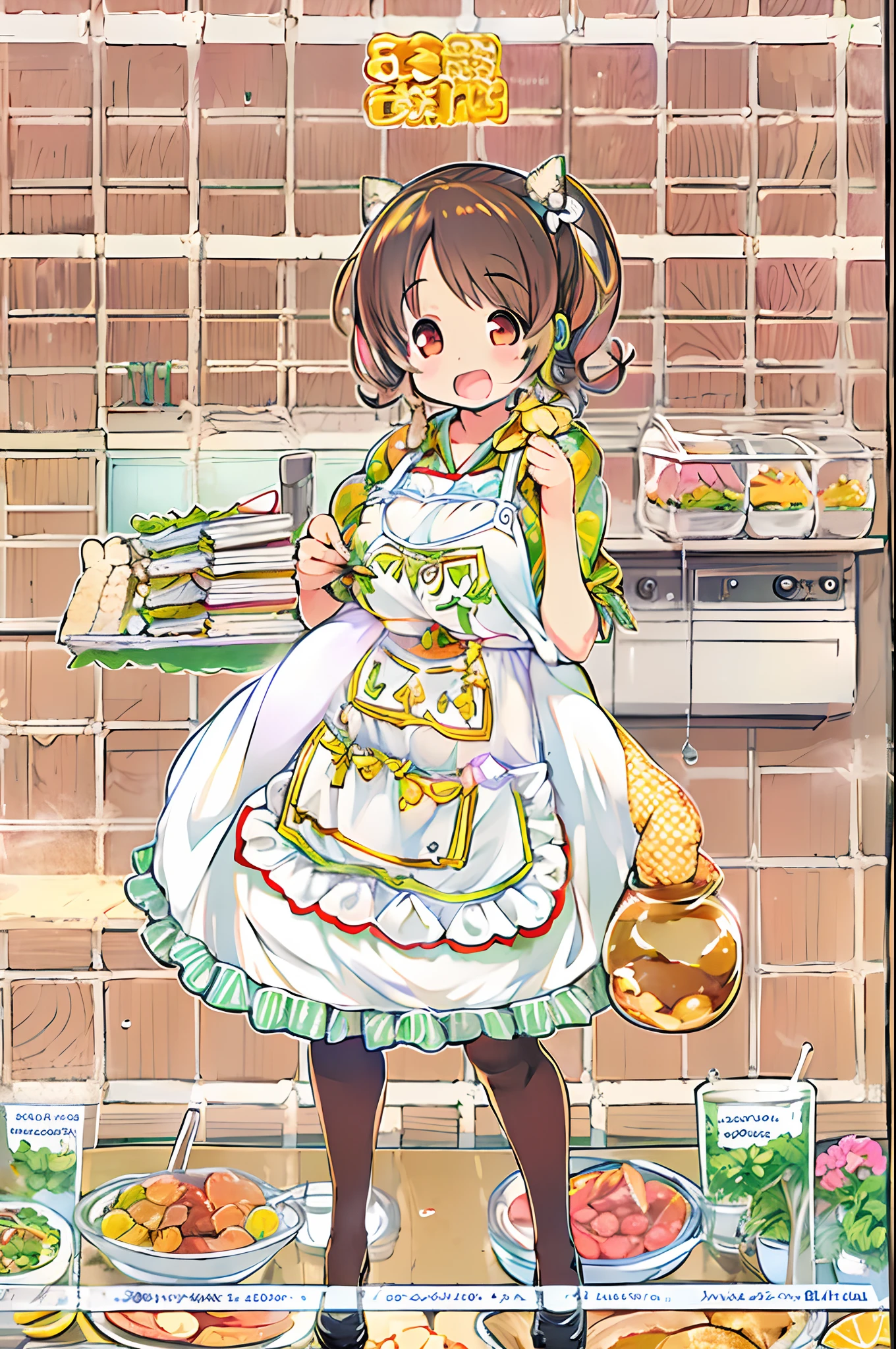 One woman with short ponytail brown hairstyle, wearing only a short frilly apron, Chic, Alone, Solo, (Alone)(Solo), Showing cleavage, Facing forward, looking at me, Looking forward, showing belly, bake sweets in the kitchen,Anime Art