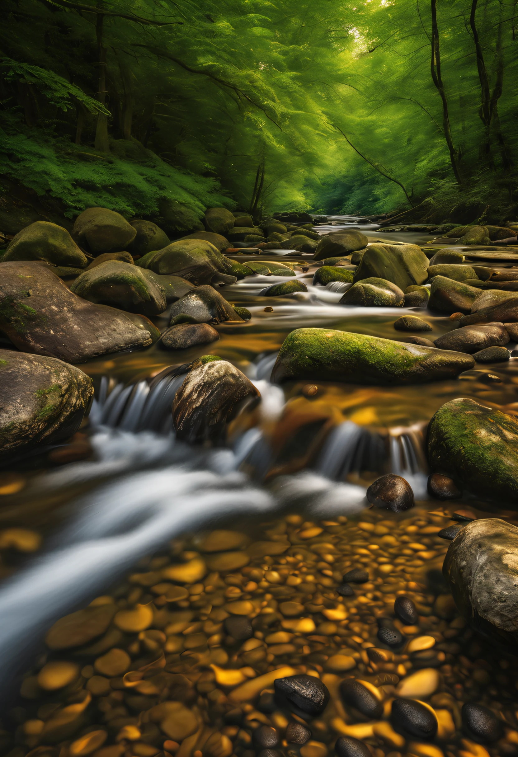 (best quality,highres,ultra-detailed),unique and creative photography,innovative composition and perspective,extraordinary depiction of a creek,captivating details of the water ripples and the shapes of stones,mesmerizing background environment,awe-inspiring sensation.