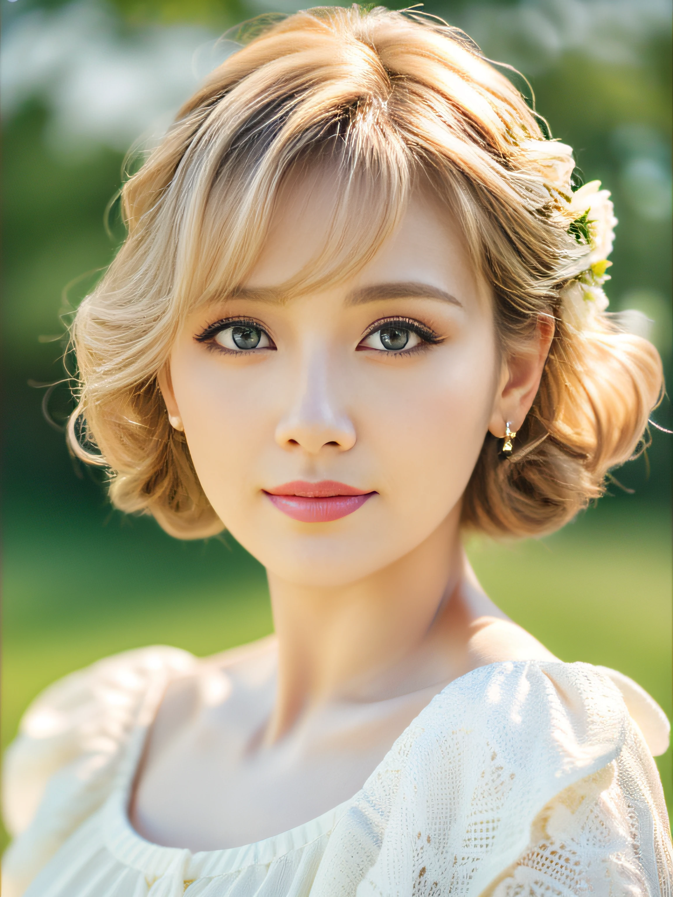 (masutepiece:1.2), (Best Quality:1.2), Perfect eyes, Perfect face, Perfect Lighting, 1girl in, Mature woman in the field, medium blonde hair, Curly hair, detailed  clothes, White dress、Detailed outdoor background, makeup, eyeshadows, thick eyelashes, Fantasy, Looking at the viewer, spring