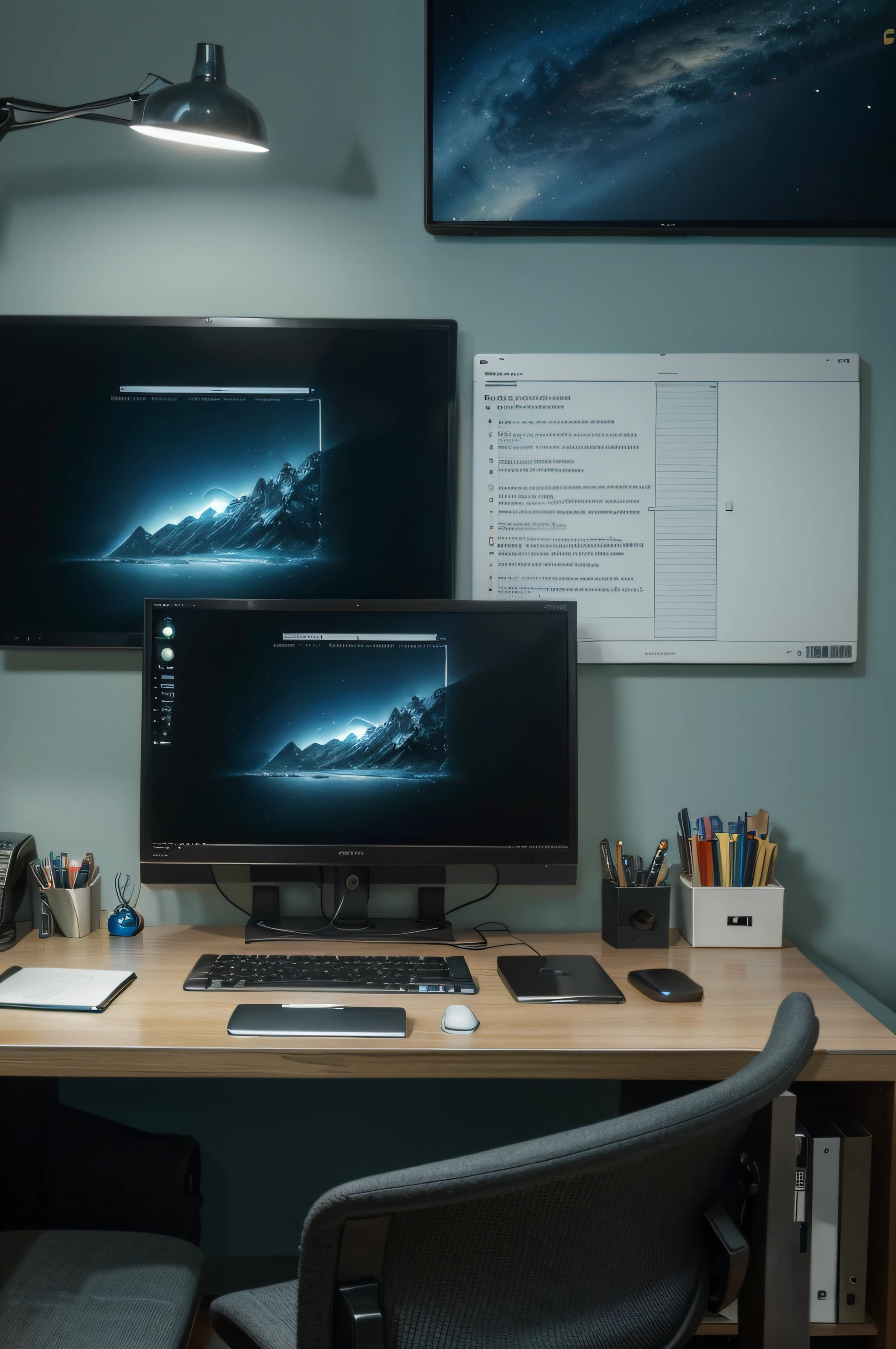 (best quality,4k,8k,highres,masterpiece:1.2),ultra-detailed,(realistic,photorealistic,photo-realistic:1.37),A man sitting in front of a computer screen,advanced technology,digital artwork,studio lighting,professional,sharp focus,vivid colors,keyboard and mouse,computer hardware and software,data analytics and coding,modern office setup,desk with organized papers and notebook,ergonomic chair,calm and focused expression,creative atmosphere,digital painting,conceptual design,technology-driven,bluish color tone,subtle backlighting,keyboard backlighting,multi-monitor setup.