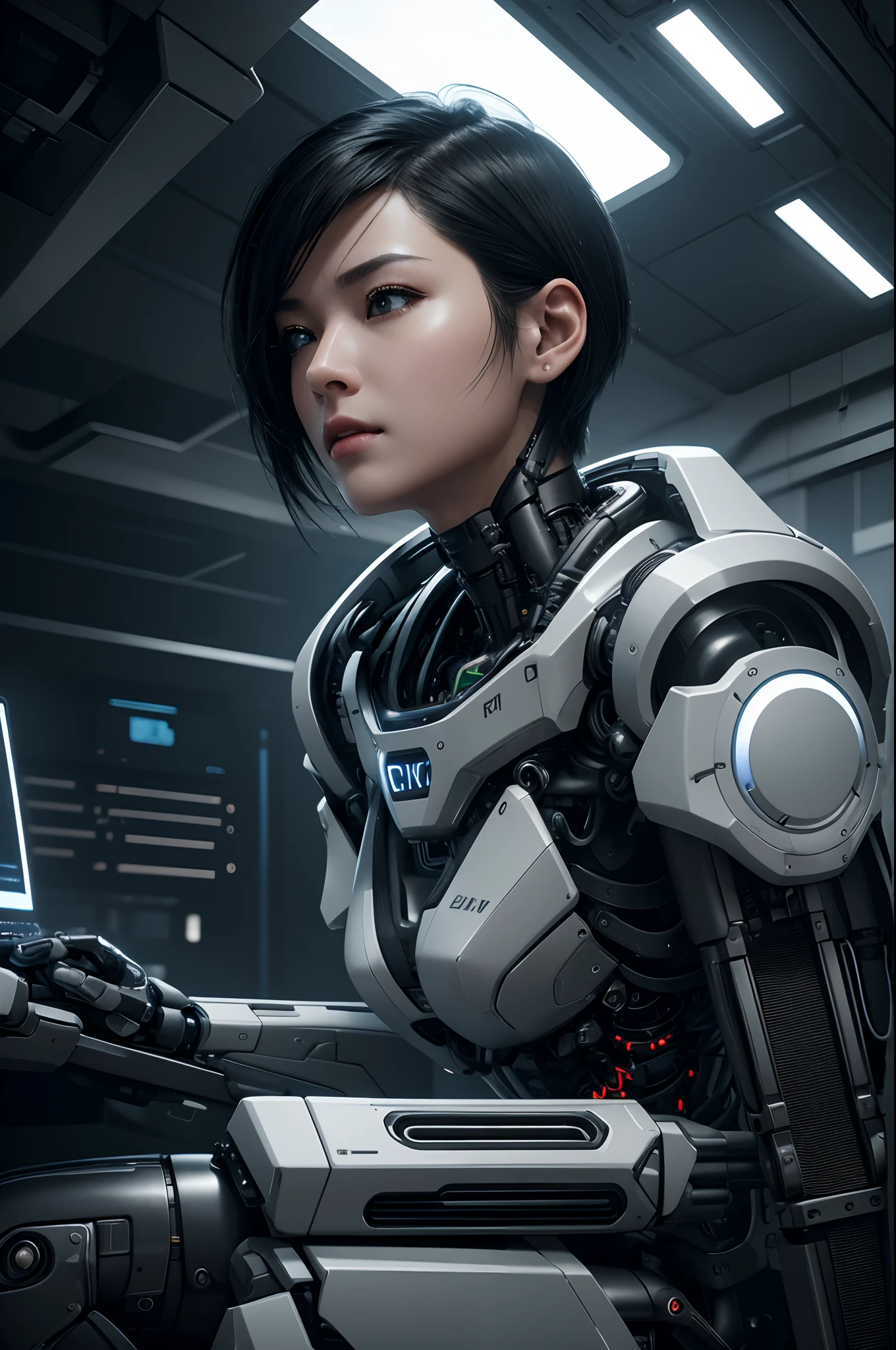 Intelligent Bionic Robot、Short-haired man with black hair、Cyborg Robot Parts、cable electric wires、microchips、bright studio、hyperphotorealism、high-detail、intricate detailes、softlighting、Rim Lights、rendering by octane、Unreal Engine 5 Renders、Mechanical Public Enemy Style、8K、top-quality、​masterpiece、Low ISO、White Balance、high key lighting、Creates a soft and graceful feel with a shallow depth of field,超A high resolution,cyberpunked.Connected to a large number of cables,In the process of being made,