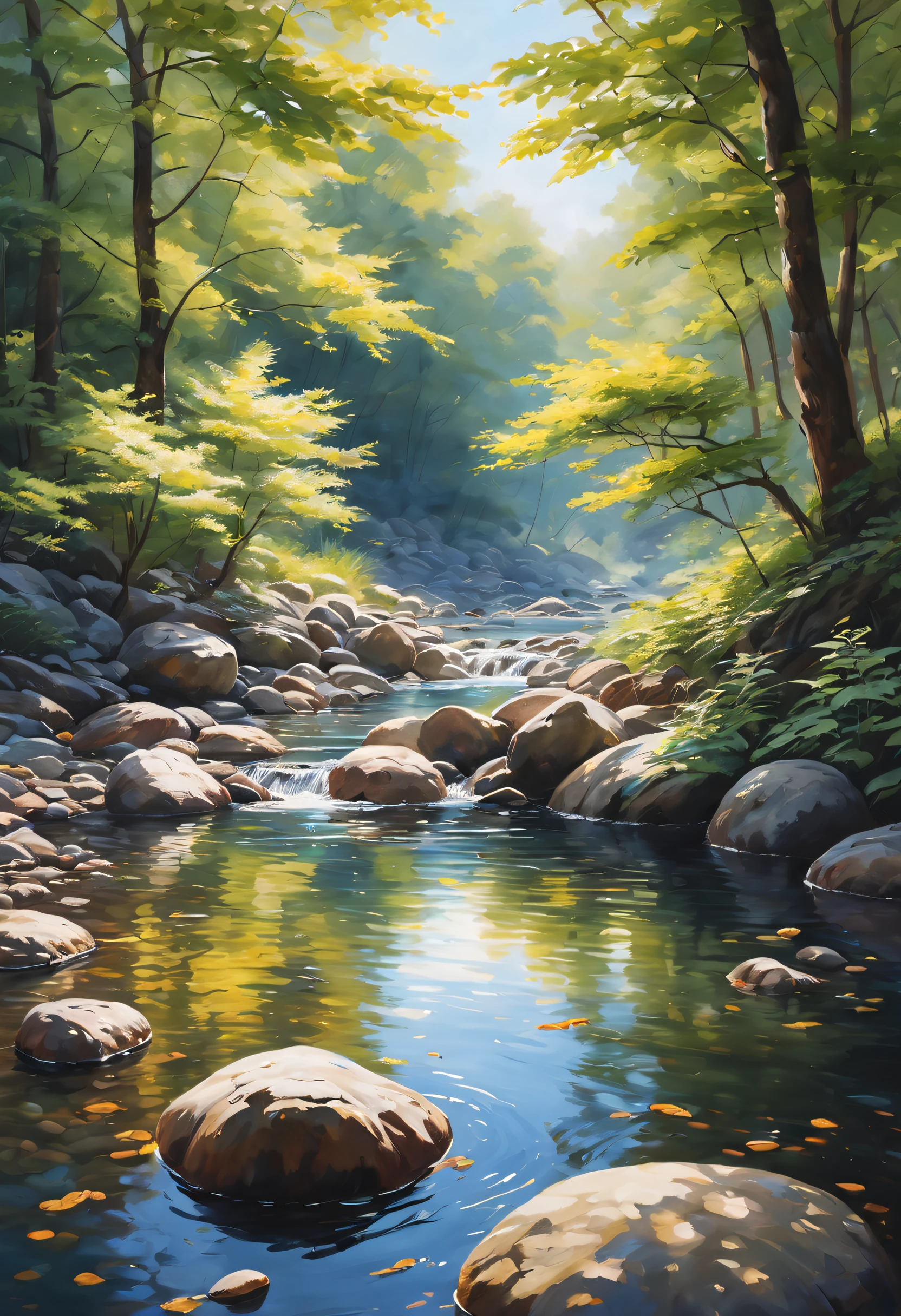 (best quality,photorealistic),oil painting,serene creek,majestic light and shadow,realistic textures,masterpiece:1.2,vivid colors,calm atmosphere,lively stream,peaceful scenery,rippling water,sun-dappled foliage,colorful fish swimming,tranquil sounds of flowing water,Detailed water surface,Realistic light and shadow effects,detailed leaves and trees,sparkling reflections on the water,realistic textures of rocks and pebbles,subtle ripples on the surface of the water,tiny fish darting in and out of the creek,soft sunlight filtering through the trees and casting a warm glow,gentle breeze rustling the leaves,sense of serenity and tranquility,zen feeling,harmonious blend of nature and art,Feel the beauty of nature,melodies of nature,leisurely flowing stream,indigo blue sky with fluffy white clouds,peaceful escape from the hustle and bustle of the world.