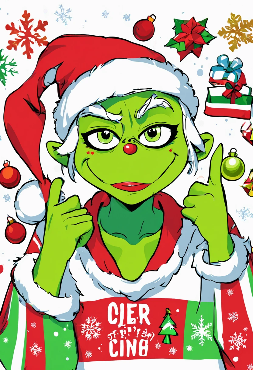 El Grinch, estilo pixar animacion estudios, with Christmas sweatshirt, cara de enojado, holiday vibe, 8k 16k a todo color, copos de nieve. sticker