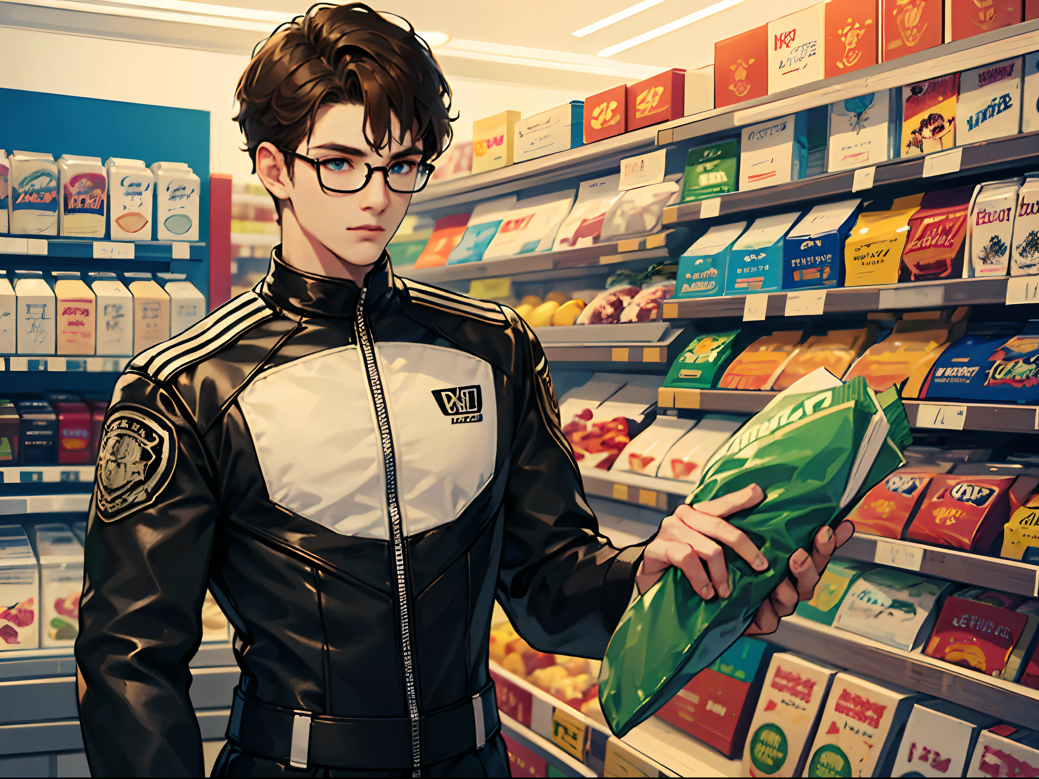 A boy in a black motorcycle suit, 27years old, With blue eyes, Round glasses, Brown hair, Short hair, A haggard face, , The upper body of the biker suit, In the supermarket。