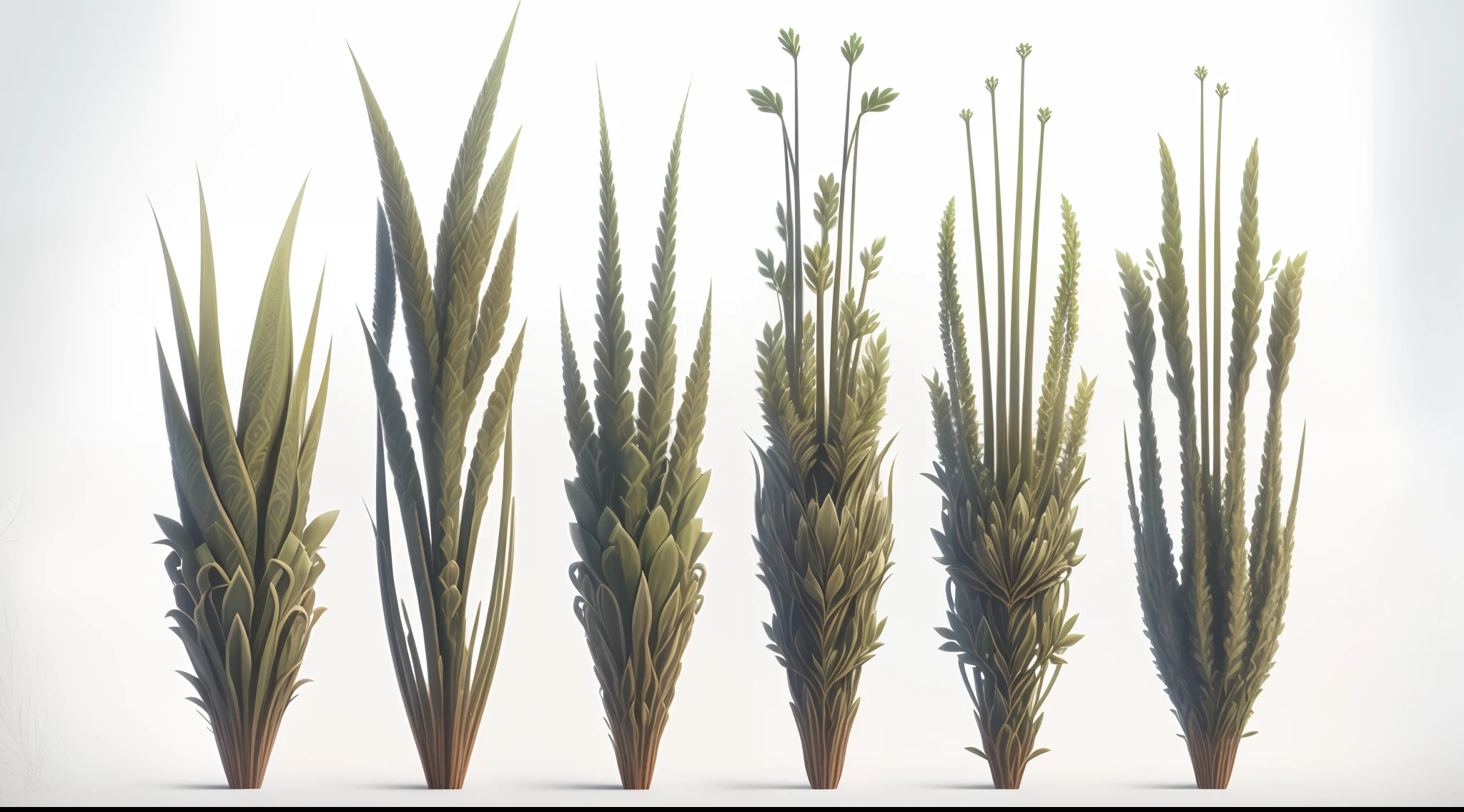 Several different types of grass are shown in a row, stylized vegetation, galhos e plantas hiperdetalhados, textura estilizada da grama, botanical fractal structures, Megascans Quixel, Detailed organic textures, plantas detalhadas, alien foliage plants, Quixel Texturas, grains", characters 8k symmetrical, plantas secas, colheita, Plantas intrincadas, espinhos