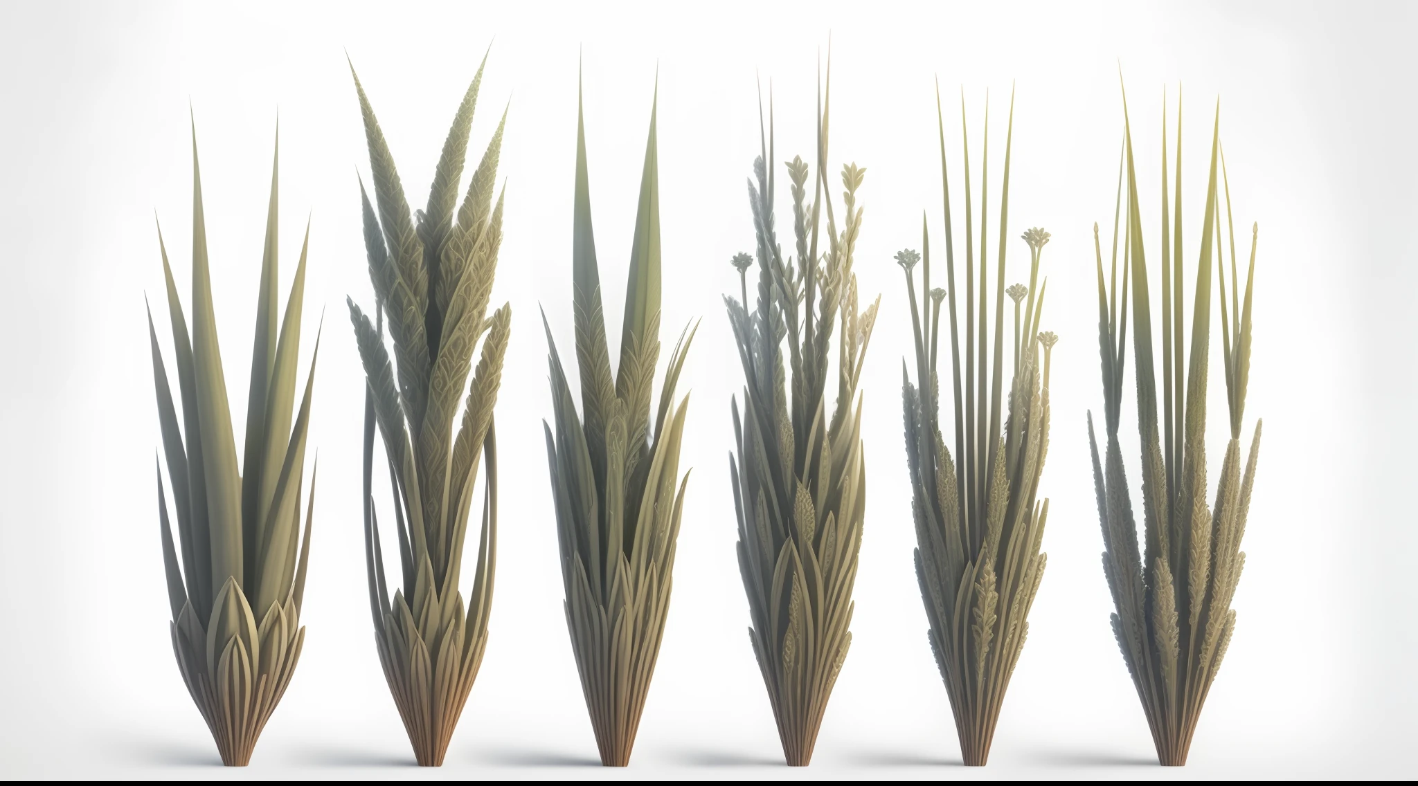 Several different types of grass are shown in a row, stylized vegetation, galhos e plantas hiperdetalhados, textura estilizada da grama, botanical fractal structures, Megascans Quixel, Detailed organic textures, plantas detalhadas, alien foliage plants, Quixel Texturas, grains", characters 8k symmetrical, plantas secas, colheita, Plantas intrincadas, espinhos