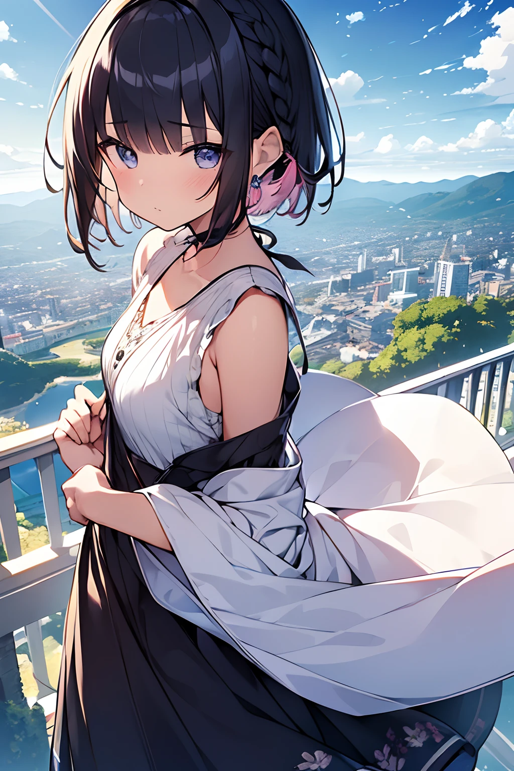 masutepiece, Best quality,illustration, the wallpaper, Ultra detail, absurderes, 1Blittle girl、 Solo, (Medium short hair、short braided hair), Beautiful ultra-detailed eyes , Hair fluttering in the wind、:Tai、 Beautiful sky、(in a panoramic view:1.5)