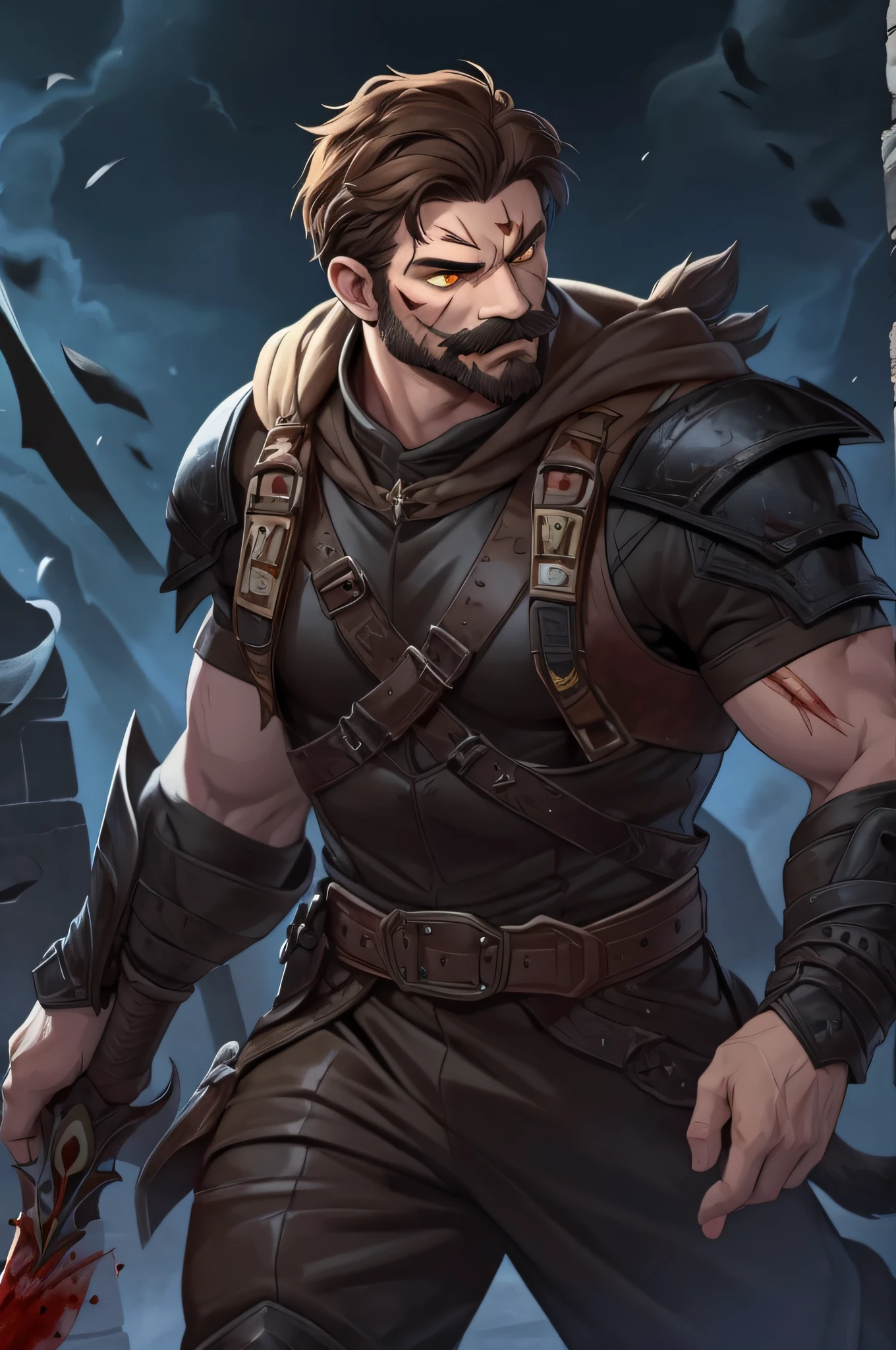 masterpiece, highest quality, handsome, werewolf, (short dark-brown hair), thick mustache, stubble, scar across left eye minimal black armor, yellow eyes, covered in blood, weapon in hand, full body portrait