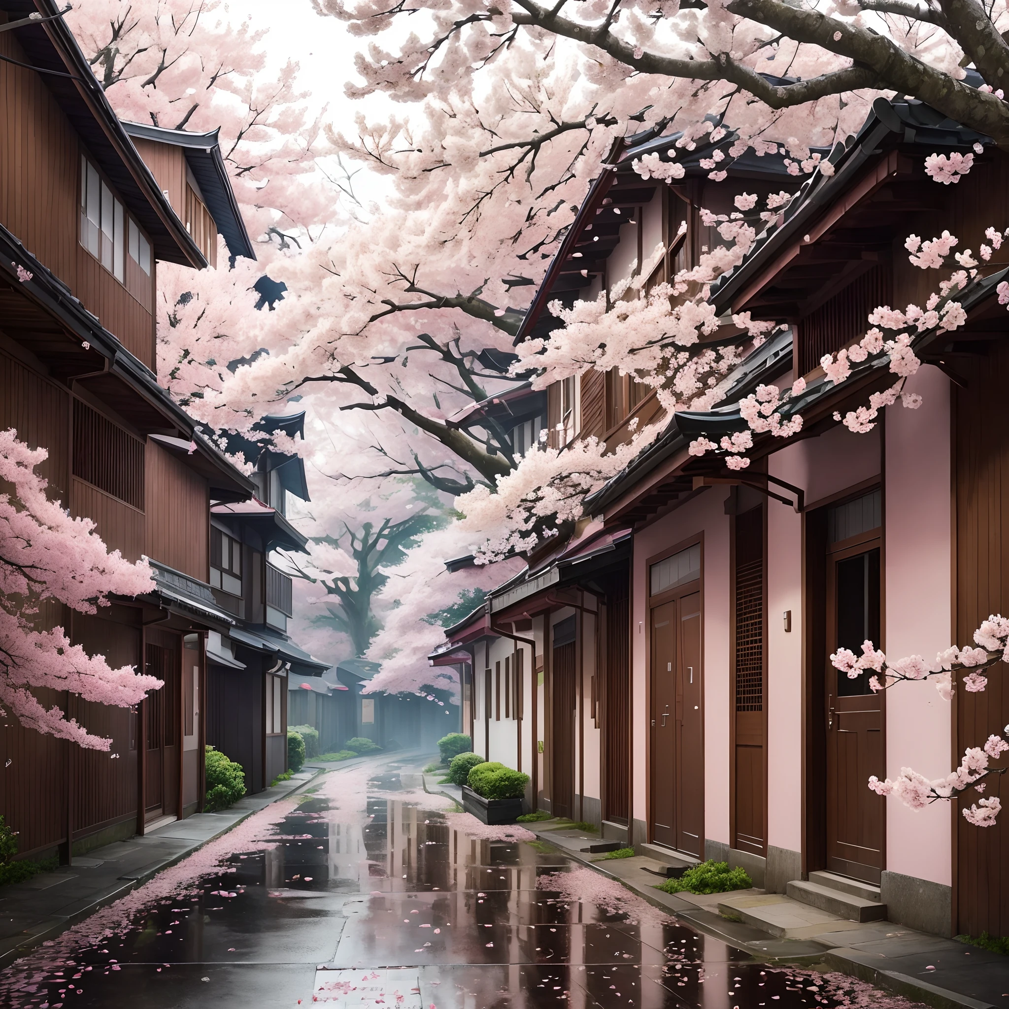 The ethereal essence of the rain-soaked streets、somber, grey sky, Where pink cherry trees towering, Bright petals are scattered like a delicate pink carpet. Wet asphalt glitters, Reflecting the world above, As a slender, Reaching the branches that carry the weight of pink flowers in full bloom. Raindrops shimmering on leaves and petals, Eta、Low-angle perspective is、Highlights its height and beauty. This quiet and dynamic image is、Evokes calmness in the midst of change, Beautifully composed of the ephemeral beauty of cherry blossoms, Forms a main line that draws the viewer into the fleeting moments of the embrace of spring showers.