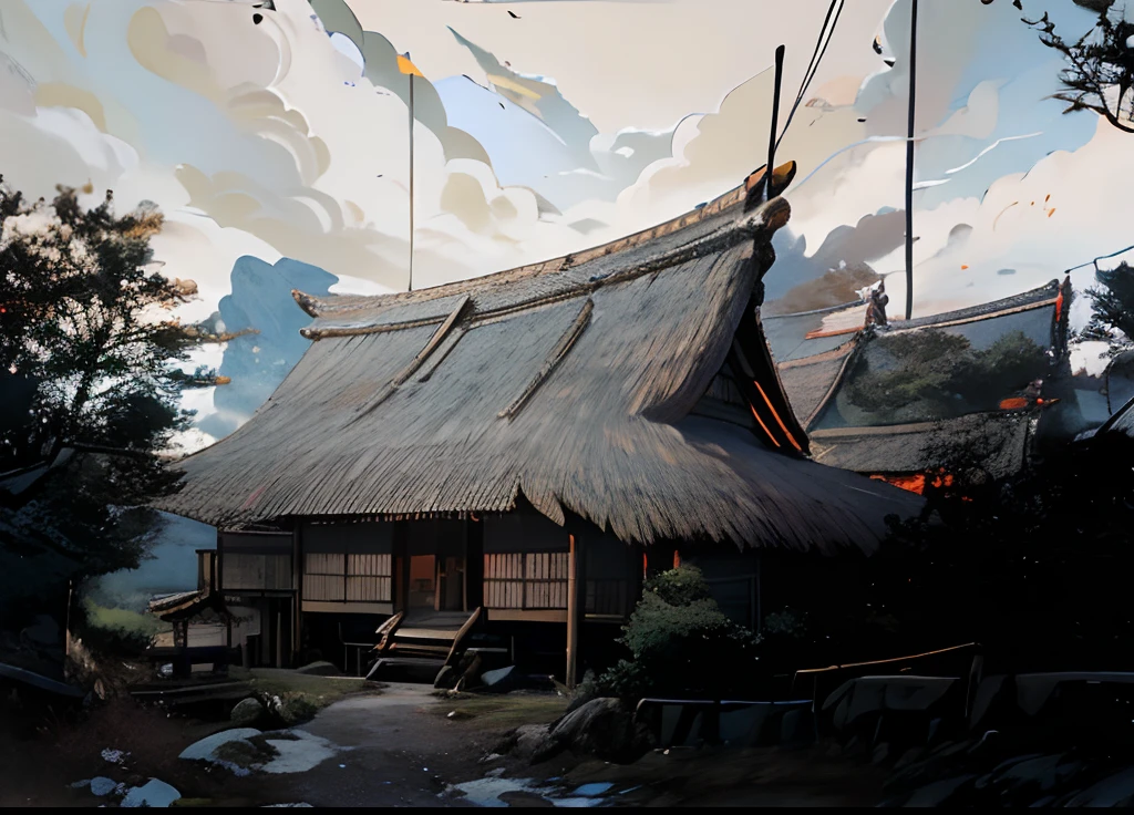 a photo of a thatched house, longhouse, thatched roofs, hut, thatched roof, historical photo, historical image, edo era, historical photograph, village house, mingei, by Maurycy Gottlieb, peaked wooden roofs, thatched houses, bamboo huts, asao urata, edo period, anime, aime style, makoto shinkai style, 4k, 4k detailed,