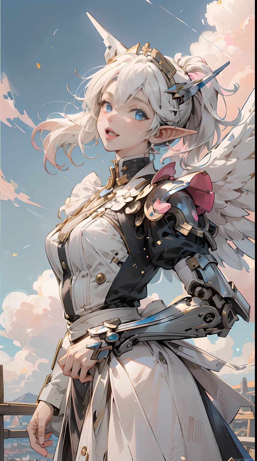(Masterpiece, Best Quality, great, Highly detailed ajectar Unity、8k wallpaper, Depth-of-field, super fine-illustration:1.5)、3D, Extremely detailed, (Victorian maid armored、a mech elf girl:1.3), sci-fi battlefield, hawken, Smile, Open mouth, short ponytail hair, (white blonde hair, Deep Blue Eyes:1.2), Sparkling eyes, Cute face, kawaii, Large breasts, delicate hair, disheveled hair, (((Flying high in the sky))、Blue sky, white clouds), Shiny hair, shiny skin, (Symmetrical mechanical wing、Metallic colored mechanical wings that are widely expanded to the left and right so that they protrude greatly from the screen, headgear, white hair ornament), (Particles of light, Cinematic lighting: 1.3), (Thin pink lips: 0.8), by Yusuke Murata