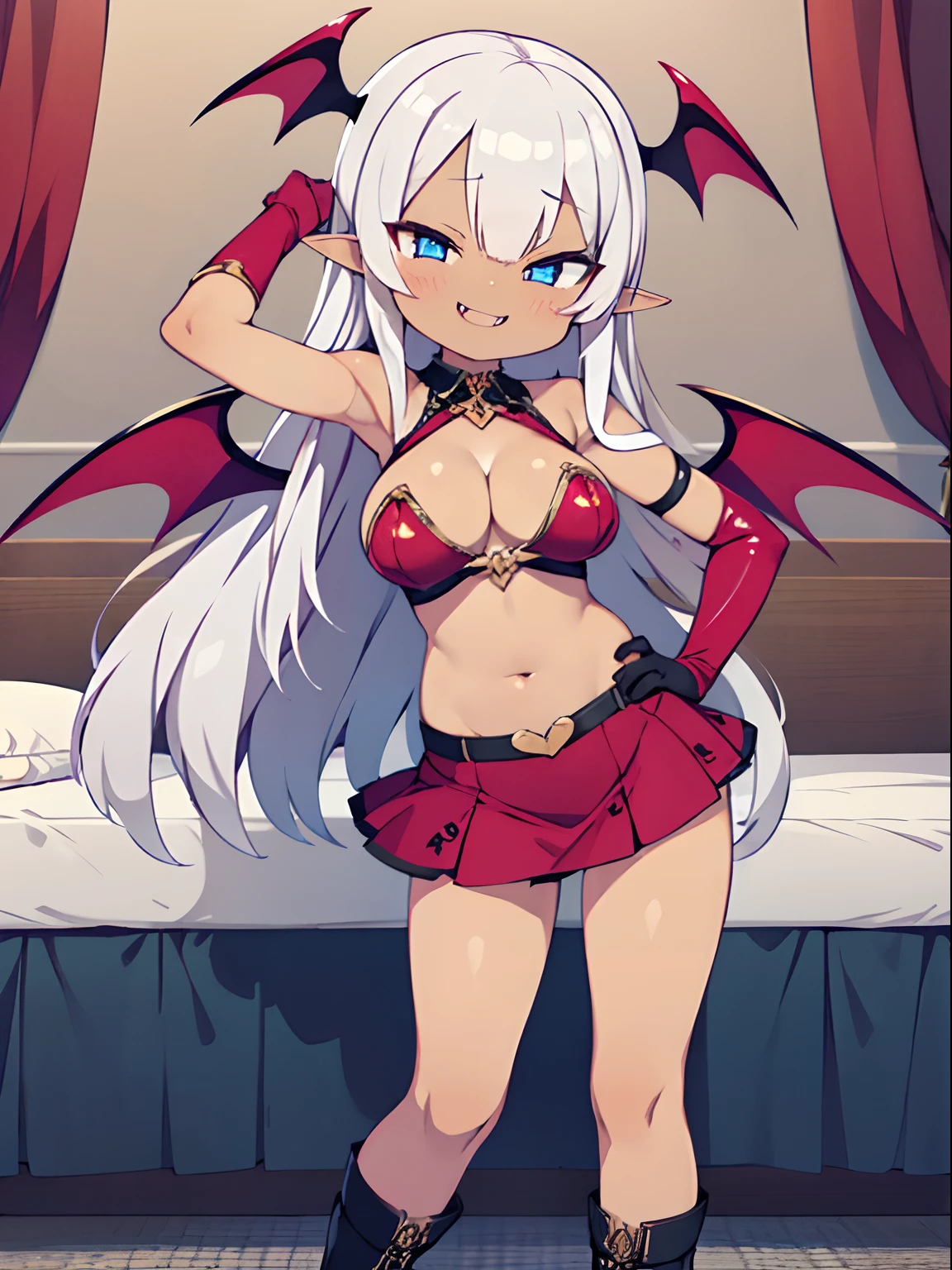 (Front Focus),(In the Dark:1.6), (masutepiece, of the highest quality, best, Official art, Beautiful and aesthetic:1.2), game cg, Highly detailed and realistic CG, Colorful, Masterpiece, Best Quality, jewel-like eyes, 1girl, solo, (silver hair:1.5), shiny hair, very long straight hair, slender, skinny legs, succubus girl, SM dress, mini skirt, succubus boots, aqua blue eyes, large breasts, sagging breasts, cleavage cut out, black elbow gloves, latex, smirk, smile, jig eyes, jitome, half-closed eyes, tsurime, hotel bed room background, from pov, best quality eyes, sharp teeth, tsundere, standing, contrapposto, hand on hip, (dark skin:1.0), succubus wings, bat wings, succubus tail, mesugaki, teasing, smug, cute girl, petite, open mouth, fangs, tongue out, pointy ears, pink heart tattoo, (Sharp Focus:1.2), Thin arms, Thin legs, outline, bdsm, slut, bitch, dark skin, dark skin, navel, armpit,