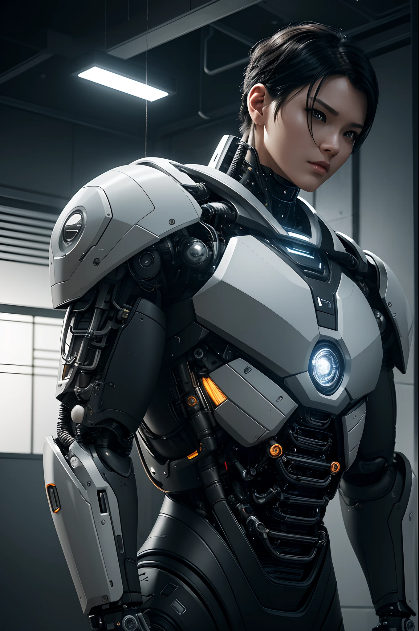 Intelligent Bionic Robotman、Short-haired man with black hair、Cyborg Robot Parts、cable electric wires、microchips、bright studio、hyperphotorealism、high-detail、intricate detailes、softlighting、Rim Lights、rendering by octane、Unreal Engine 5 Renders、Mechanical Public Enemy Style、8K、top-quality、masterpiece、Low ISO、White Balance、high key lighting、Creates a soft and graceful feel with a shallow depth of field,超A high resolution,cyberpunked.Connected to a large number of cables,In the process of being made,