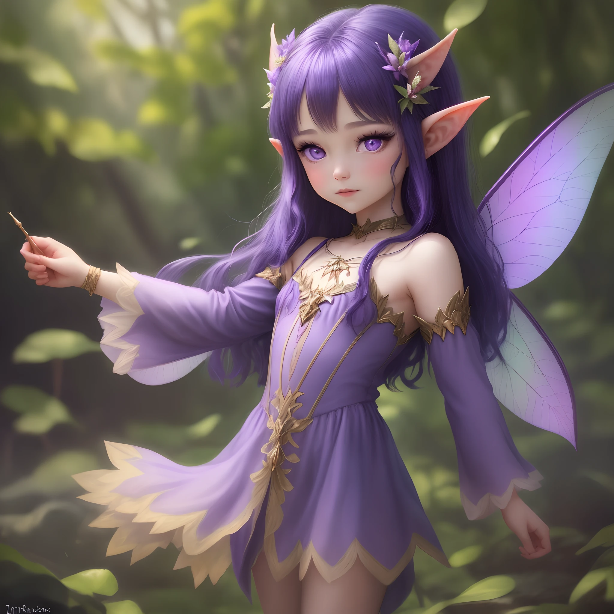 An elf fairy wearing a princess dress with a plunging neckline, a bow and arrow in her hand, two buns in her hair and long curly hair that reaches her knees, transparent lilac wing with two tips --auto --s2