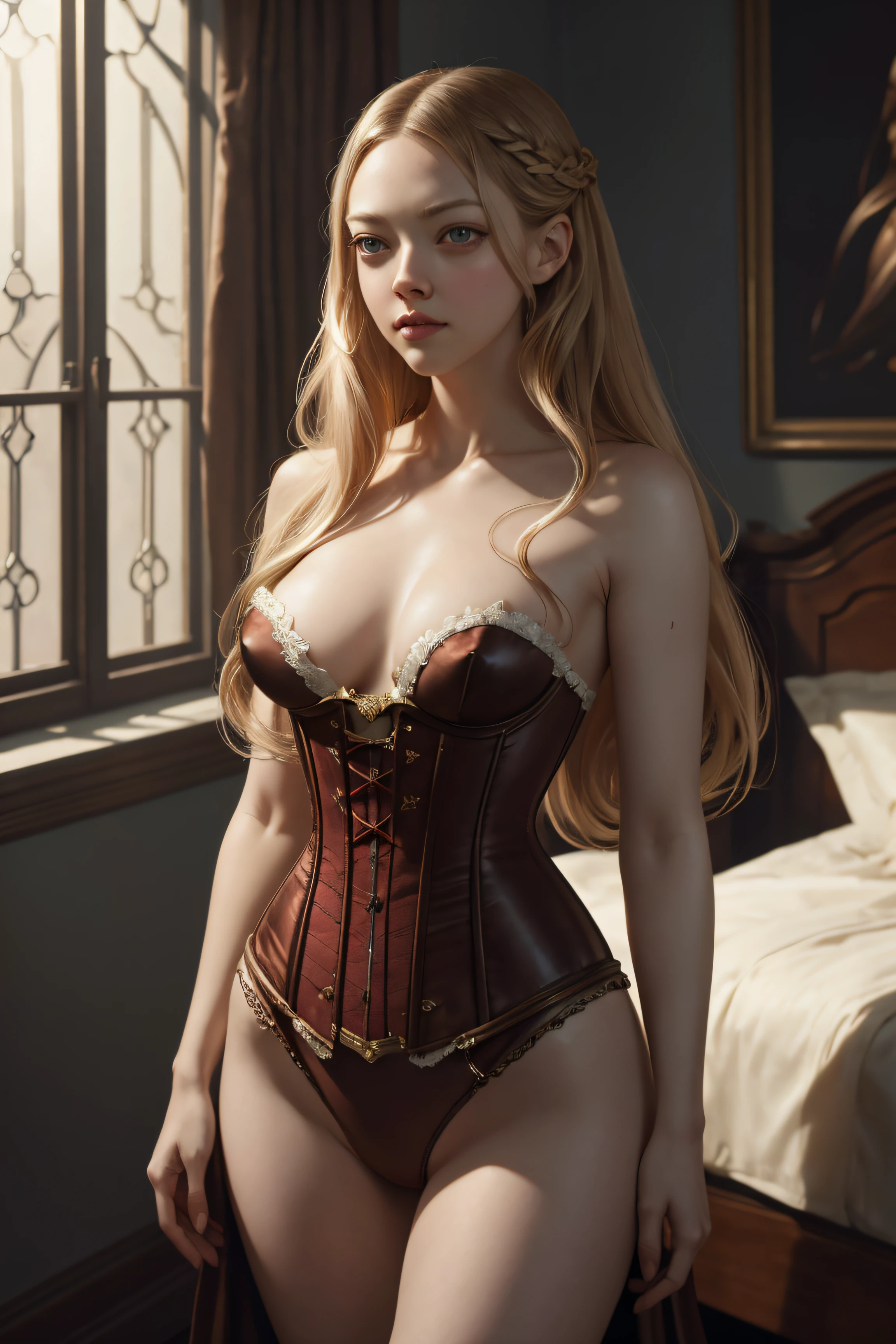 Amanda Seyfried, nude corset, standing inside a bedroom, character portrait, 3 9 9 0 s, long hair, intricate, elegant, highly detailed, digital painting, artstation, concept art, smooth, sharp focus, illustration, art by wlop, charlie bowater and alexandra fomina