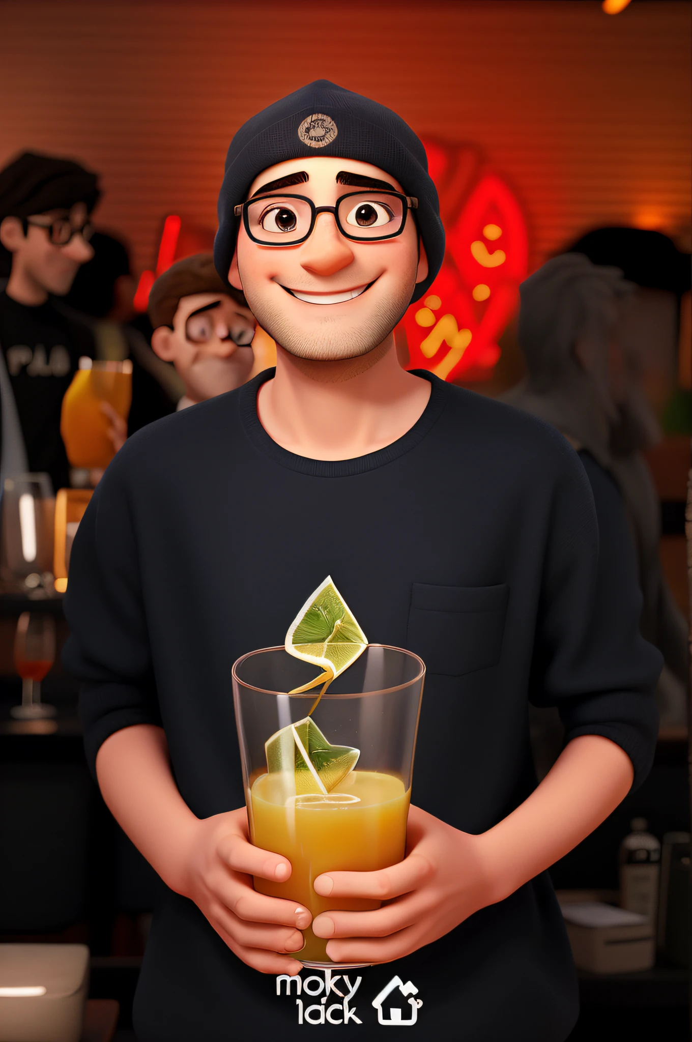 thin man with little beard, smiling, wearing glasses, holding a glass of juice, in a club in the background