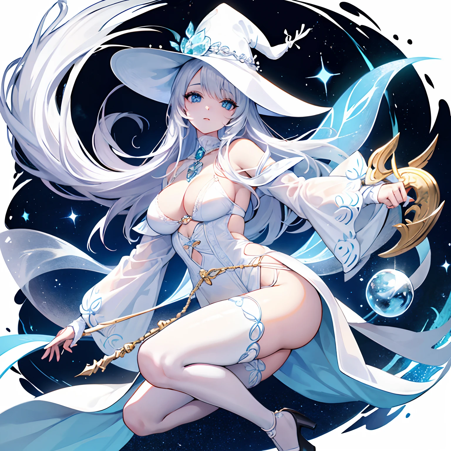 Mulher de cabelos brancos e orelhas de gato branca, Wearing a white witch's hat, olhos azuis