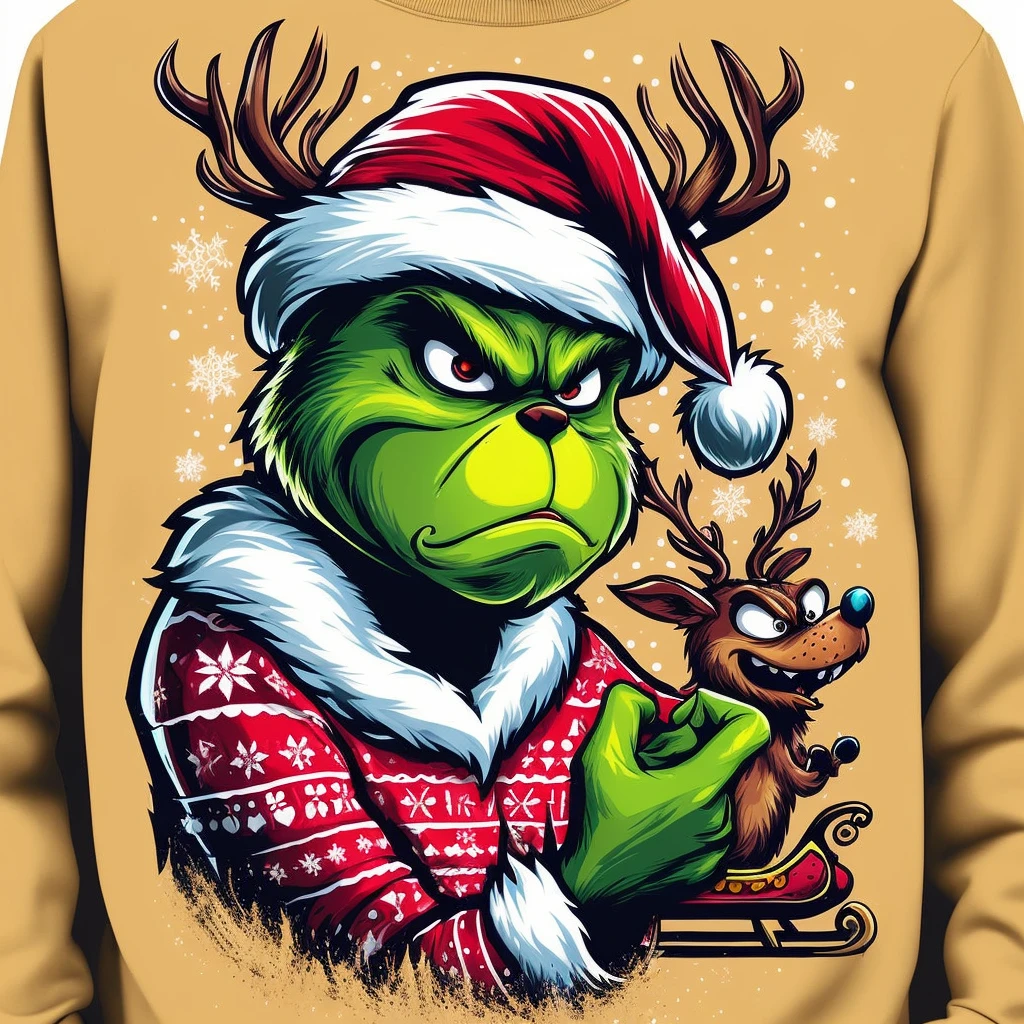 A close-up of a person wearing a sweater with a Santa hat and reindeer, Sr. Grinch, El Grinch, inspirado por Rudolph Belarski, epic full color illustration, por Randy Gallegos, full color digital illustration, Colores realistas detallados, inspirado por Patrick Brown, high detail iconic character, Epic illustration, Full y Shrek, A full-color airbrush