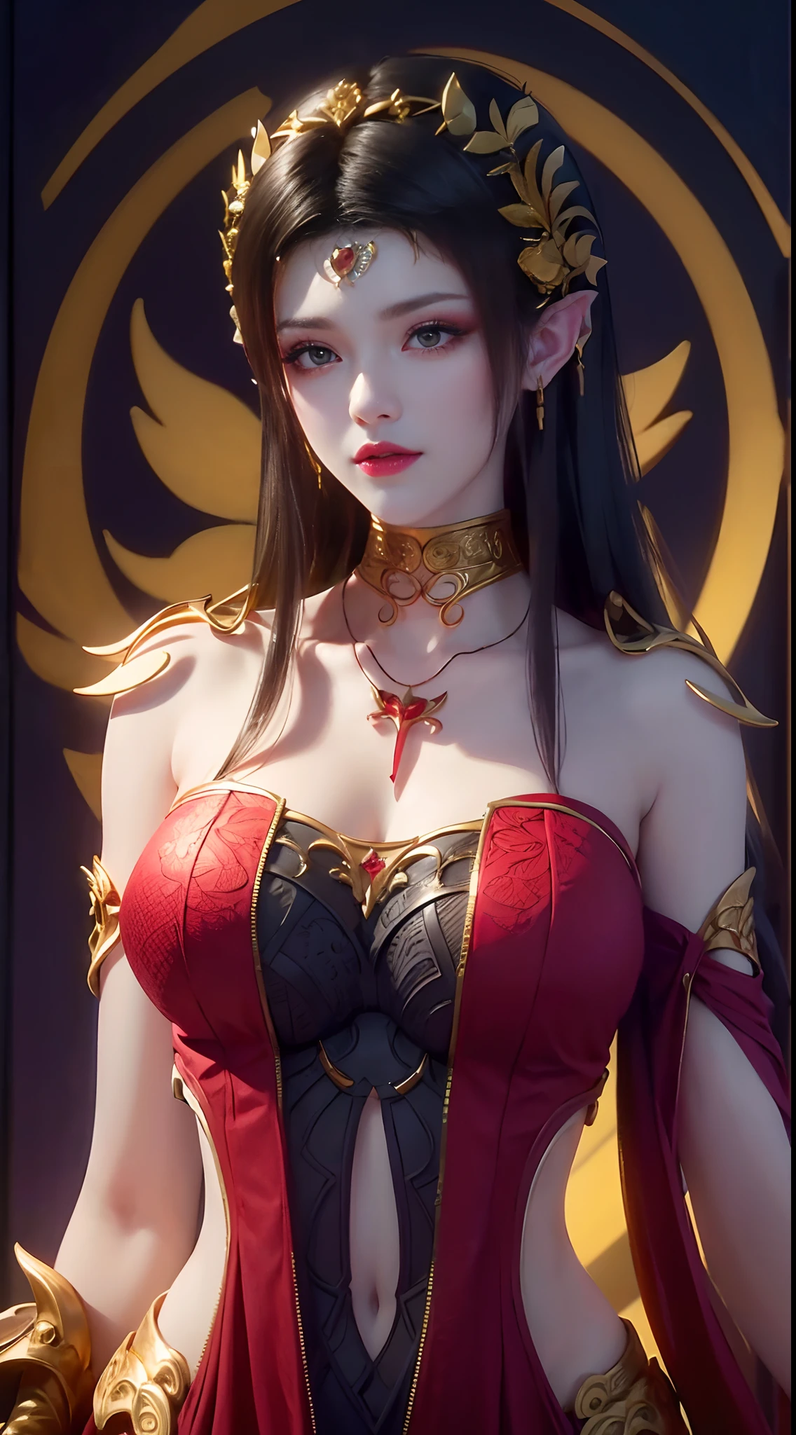 1 very beautiful medusha queen in hanfu, thin red silk shirt with many yellow motifs, black lace top, crown on her head, long hair dyed black, beautiful hair jewelry, pretty and cute face, perfect face, earring jewelry, antique jewelry, big red eyes, sharp eye makeup, meticulous eyelash makeup, thin eyebrows, high nose, pretty red lips, no smile, pursed lips, rosy cheeks, large breasts, big breasts, well-proportioned breasts, slim waist, red mesh stockings with black border, Chinese hanfu style, fictional art patterns, vivid and realistic colors, RAW photos, actual photos, ultra high quality 8k surreal photo, cool photo, (virtual light effect: 1.8), 10x pixel, effect magic (background): 1.8), (super detailed eyes: 1.8), (eyelids): red: 1.8), (black eye pupil: 1.8)beautiful girl portrait, alone girl, antique hanfu background, looking directly at the audience, wide original image, 8k quality, super sharp, most detailed and clear images, detailed bright background,