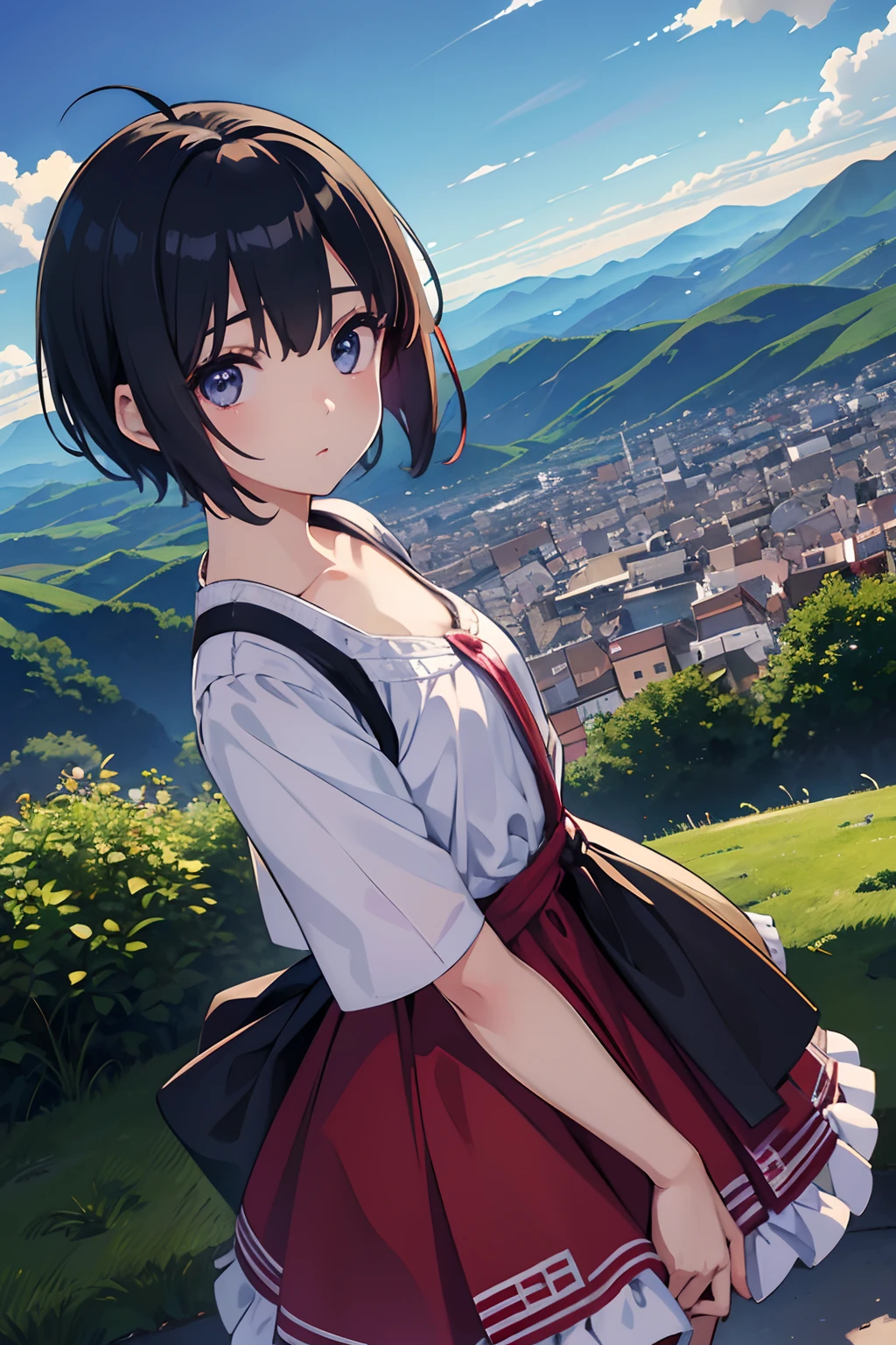 masutepiece, Best quality,illustration, the wallpaper, Ultra detail, absurderes, 1Blittle girl、 Solo, (Medium short hair、short braided hair), Beautiful ultra-detailed eyes , Hair fluttering in the wind、:Tai、 Beautiful sky、(in a panoramic view:1.5)