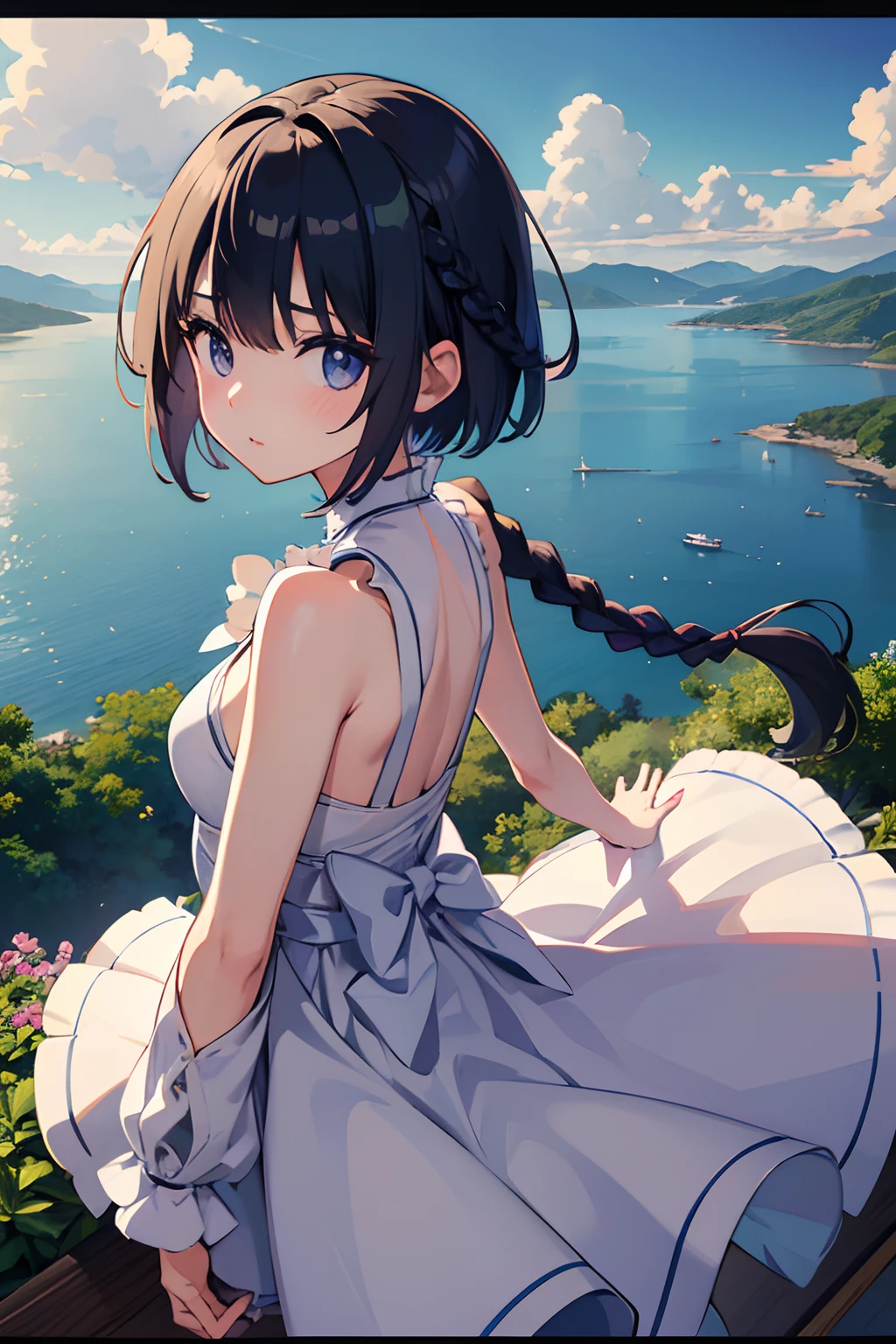 masutepiece, Best quality,illustration, the wallpaper, Ultra detail, absurderes, 1Blittle girl、 Solo, (Medium short hair、short braided hair), Beautiful ultra-detailed eyes , Hair fluttering in the wind、:Tai、 Beautiful sky、(in a panoramic view:1.5)