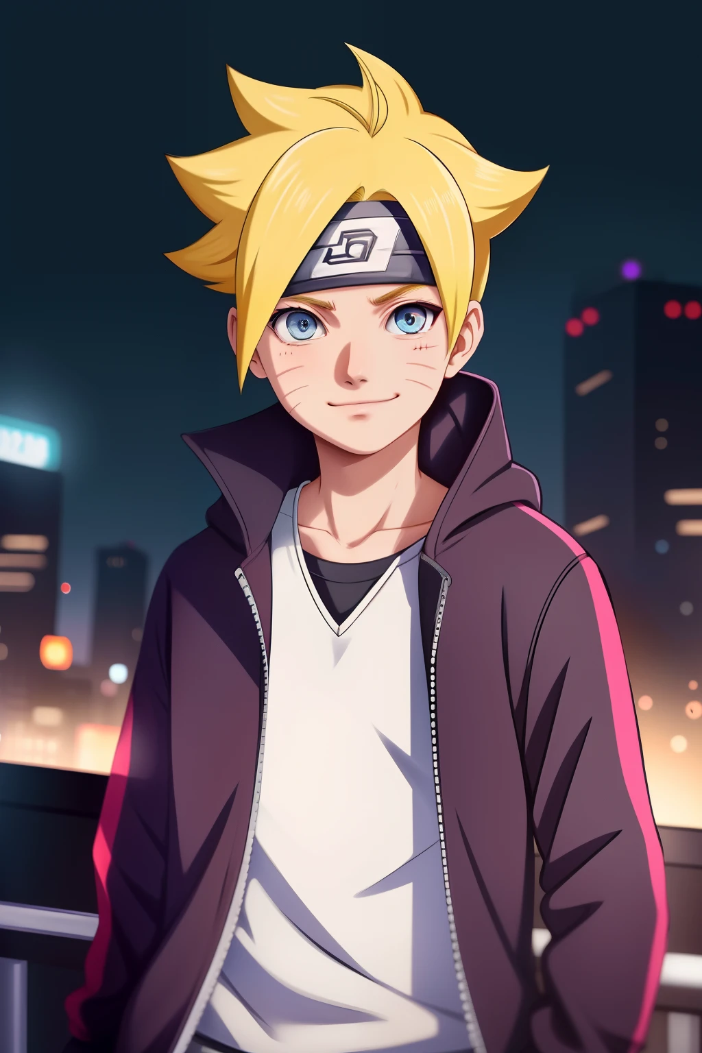 masterpiece, ultra-detailed, 1boy, male focus, upper body shot, Uzumaki Boruto wearing maroon Streetwear Hoodie, yellow hair, Blue eyes, look at viewer, happy face, vibrant colors, cityscape background, dinamic lighting, highly detailed face, stylish, urban style, cool attitude, bokeh, blurry background,