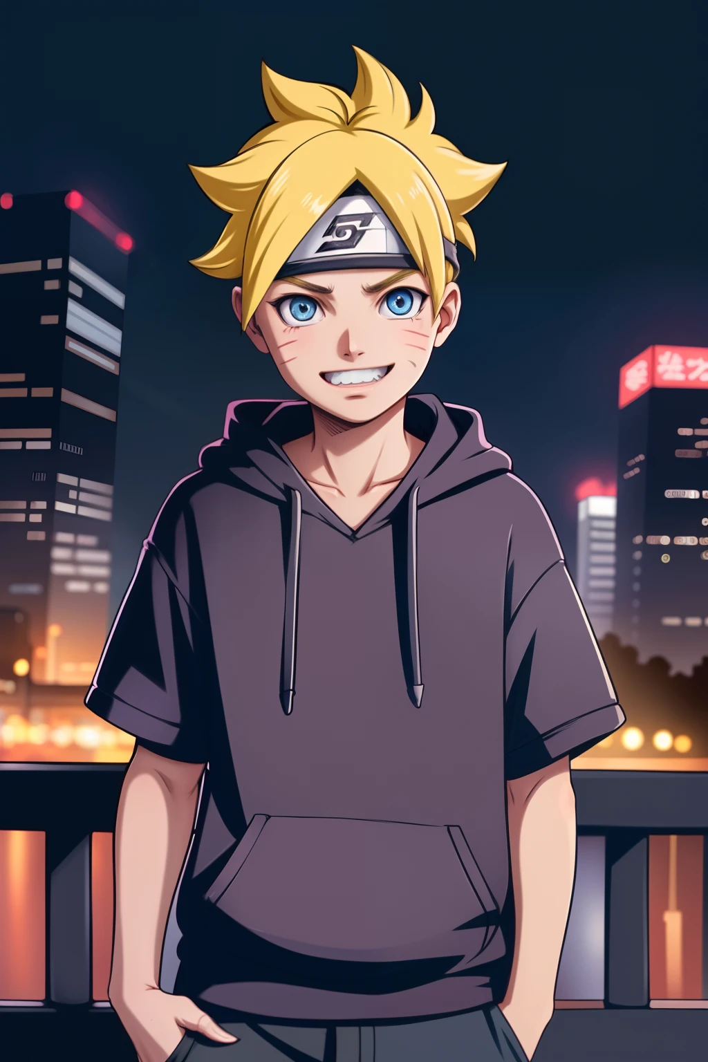 masterpiece, ultra-detailed, 1boy, male focus, upper body shot, Uzumaki Boruto wearing maroon Streetwear Hoodie, yellow hair, Blue eyes, look at viewer, happy face, vibrant colors, cityscape background, dinamic lighting, highly detailed face, stylish, urban style, cool attitude, bokeh, blurry background,