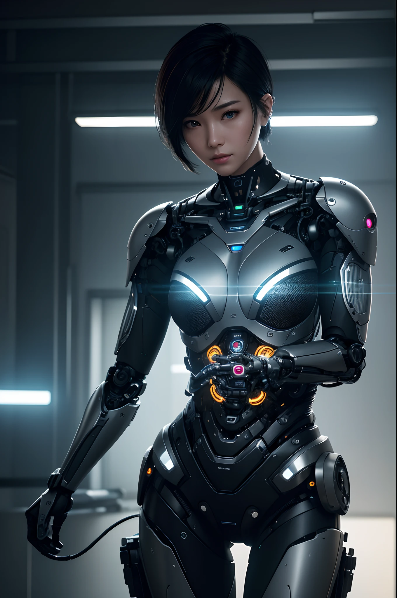 Intelligent Bionic Robot、Short-haired man with black hair、Cyborg Robot Parts、cable electric wires、microchips、Delicate body,bright studio、hyperphotorealism、high-detail、intricate detailes、softlighting、Rim Lights、rendering by octane、Unreal Engine 5 Renders、Mechanical Public Enemy Style、8K、top-quality、​masterpiece、Low ISO、White Balance、high key lighting、Creates a soft and graceful feel with a shallow depth of field,超A high resolution,cyberpunked.Connected to a large number of cables,In the process of being made,