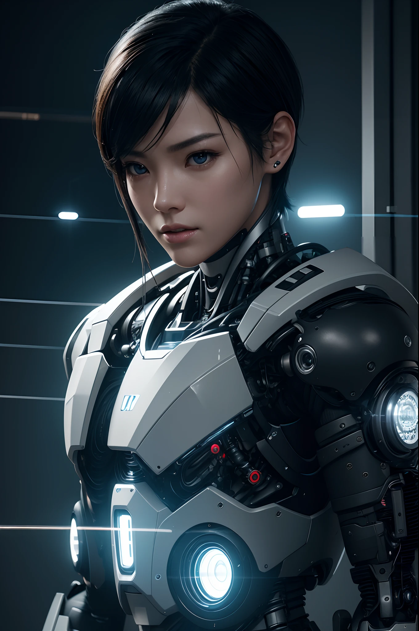 Intelligent Bionic Robot、Short-haired man with black hair、Cyborg Robot Parts、cable electric wires、microchips、Delicate body,bright studio、hyperphotorealism、high-detail、intricate detailes、softlighting、Rim Lights、rendering by octane、Unreal Engine 5 Renders、Mechanical Public Enemy Style、8K、top-quality、​masterpiece、Low ISO、White Balance、high key lighting、Creates a soft and graceful feel with a shallow depth of field,超A high resolution,cyberpunked.Connected to a large number of cables,In the process of being made,