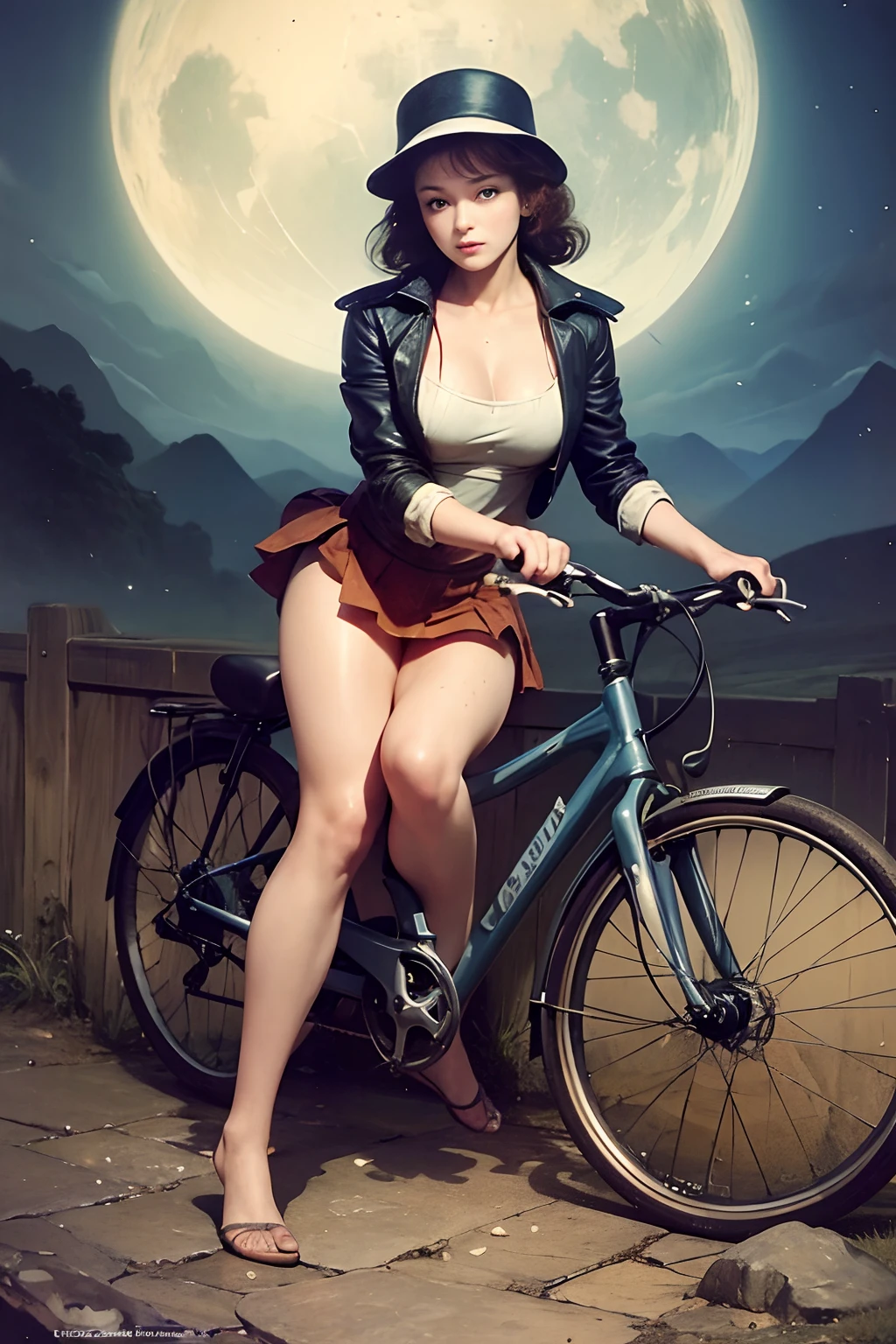 Margaret Tarrant, Kate Greenaway, Frank Frazetta, Surreal, mysterious, strange, fantastical, fantasy, Sci-fi, Japanese anime, time travel on paper, library without walls, shoes, ships, and wax seals, miniskirt beautiful girl on a bicycle trip, perfect voluminous body, sweating wet, hyper detailed masterpiece fine lines