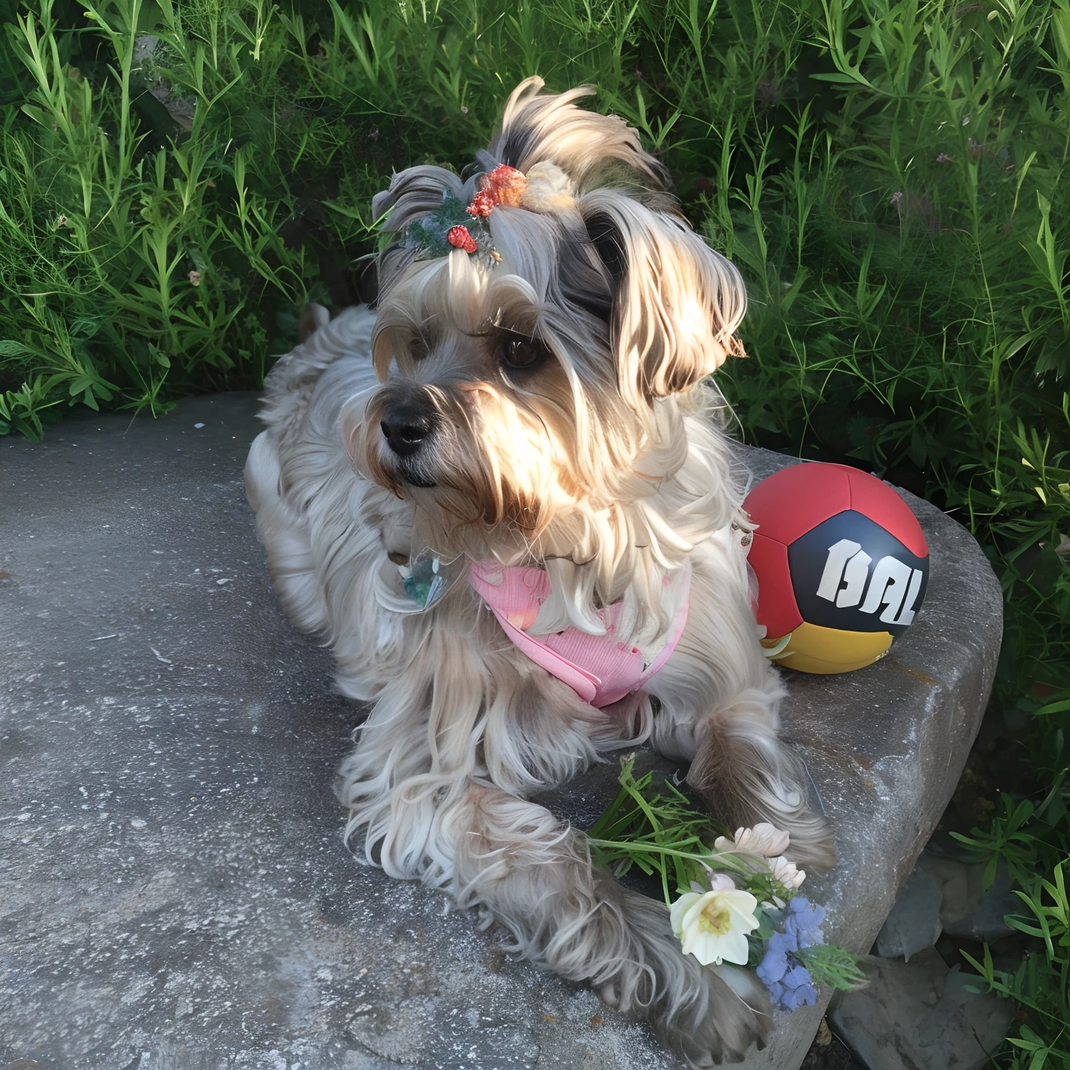 there's a dog that's lying down with a ball, sentado com flores, Yorkshire Terrier, chinese crested powderpuff dog, margarida, an artistic pose, ao sol, olhar desleixado, papoula, Ela tem uma coroa de flores secas, fazendo uma pose elegante, View from above, com flores, flores ao redor, aw, havanese dog, Looking towards the camera