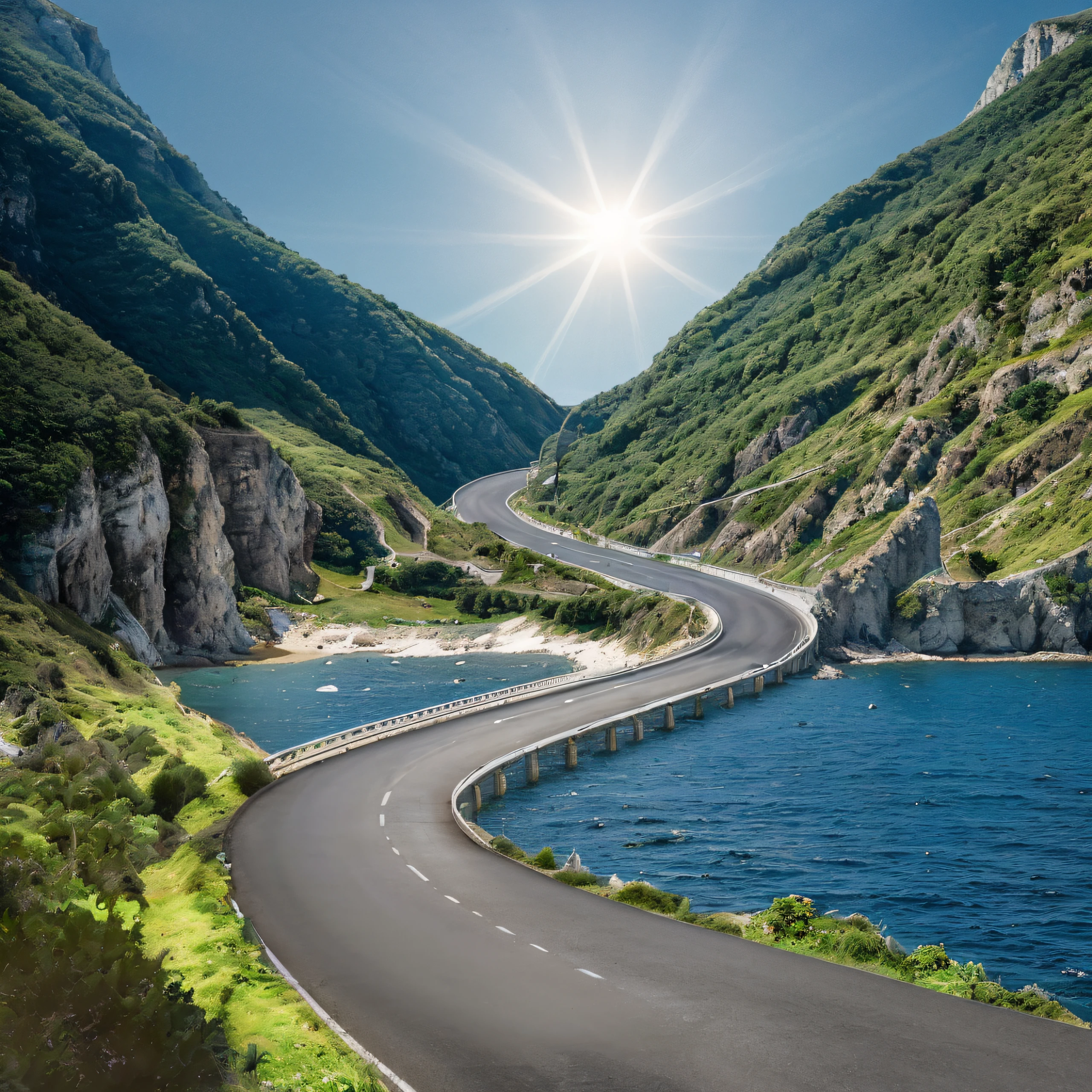 Wide and winding empty road by the sea that goes up towards the mountains with vast vegetation, the initial part of this road is by the sea with a bridge seen from below. Clear and calm sea. A large bright sun among the mountains is at mid-height in the background of the image. The uphill seaside road goes towards the sun. Ultra realistic image, perfect and with lots of details. Day with clear skies. Empty road by the sea on an incline seen from below, well signposted and defined, with sharp curves, with walls and protective guardrails. The sun stands out for its brightness and reflects lightly on the sea. Empty seaside road uphill towards the mountains. The sea gently touches the rocks on the side of the beginning of the paved road at the seaside seen from the lower part