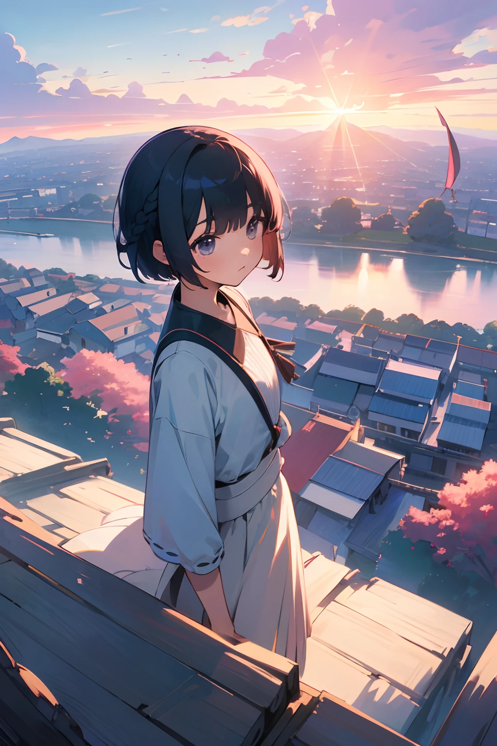 masutepiece, Best quality,illustration, the wallpaper, Ultra detail, absurderes, 1Blittle girl、 Solo, (Medium short hair、short braided hair), Beautiful ultra-detailed eyes , Hair fluttering in the wind、:Tai、 Beautiful sky、(in a panoramic view:1.5)