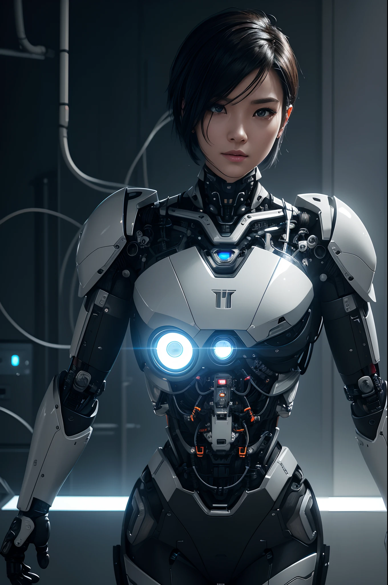 Male cyborg,Intelligent Bionic Robot、Short-haired man with black hair、Cyborg Robot Parts、cable electric wires、microchips、bright studio、hyperphotorealism、high-detail、intricate detailes、softlighting、Rim Lights、rendering by octane、Unreal Engine 5 Renders、Mechanical Public Enemy Style、8K、top-quality、​masterpiece、Low ISO、White Balance、high key lighting、Creates a soft and graceful feel with a shallow depth of field,超A high resolution,cyberpunked.Connected to a large number of cables,In the process of being made,