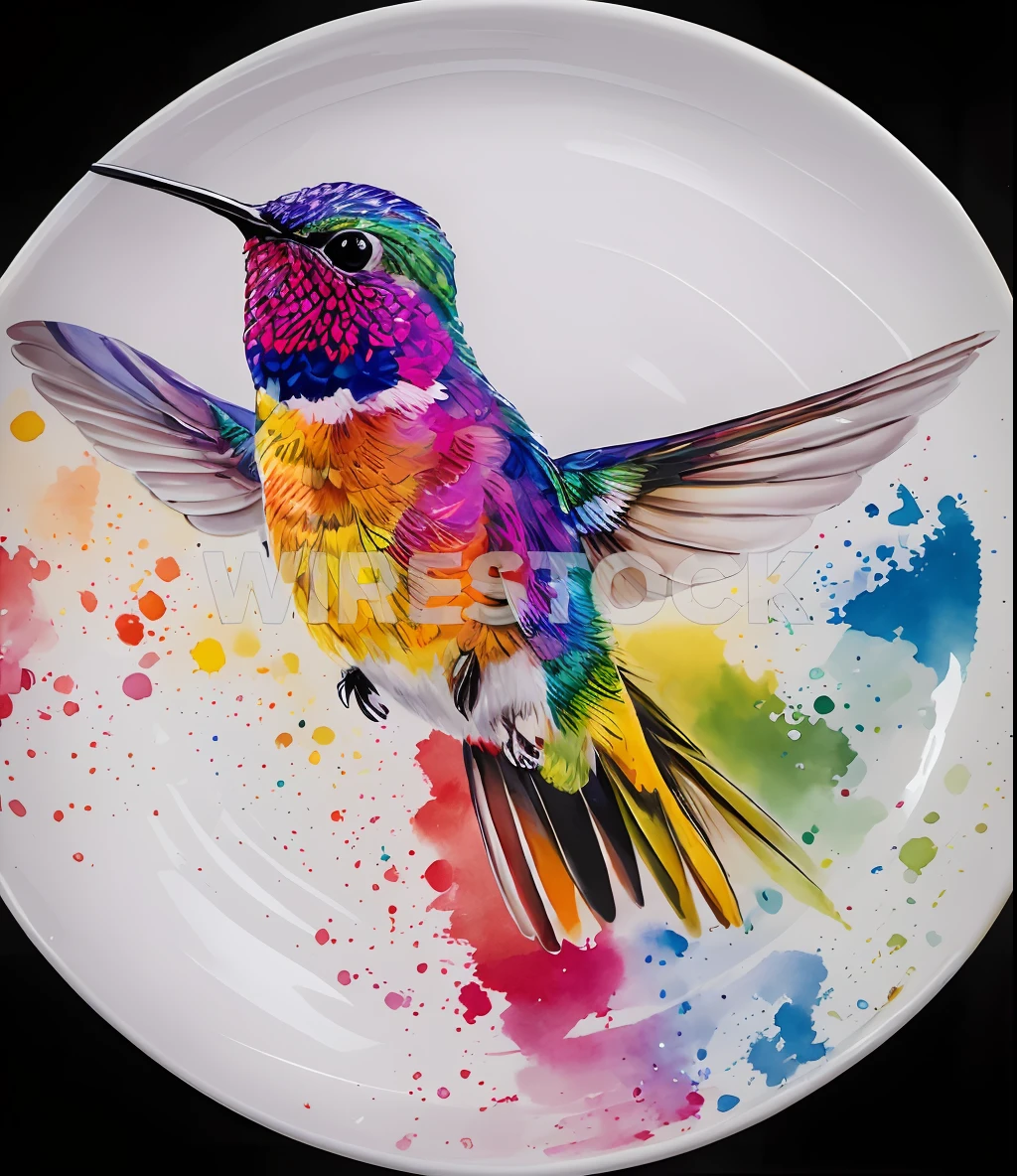 Brightly colored hummingbird on a plate with watercolor splashes, Painting of a hummingbird, colorful bird with a long, artistic illustration, pintado con color sobre blanco, Colorful birds, Hummingbird, Ilustraciones digitales altamente detalladas, Airbrush illustrations, artistic illustration, colores vivos vibrantes, colores vibrantes y realistas, colores vivos y vibrantes, artistic 4 k, imagen colorida, Foto del producto altamente detallada