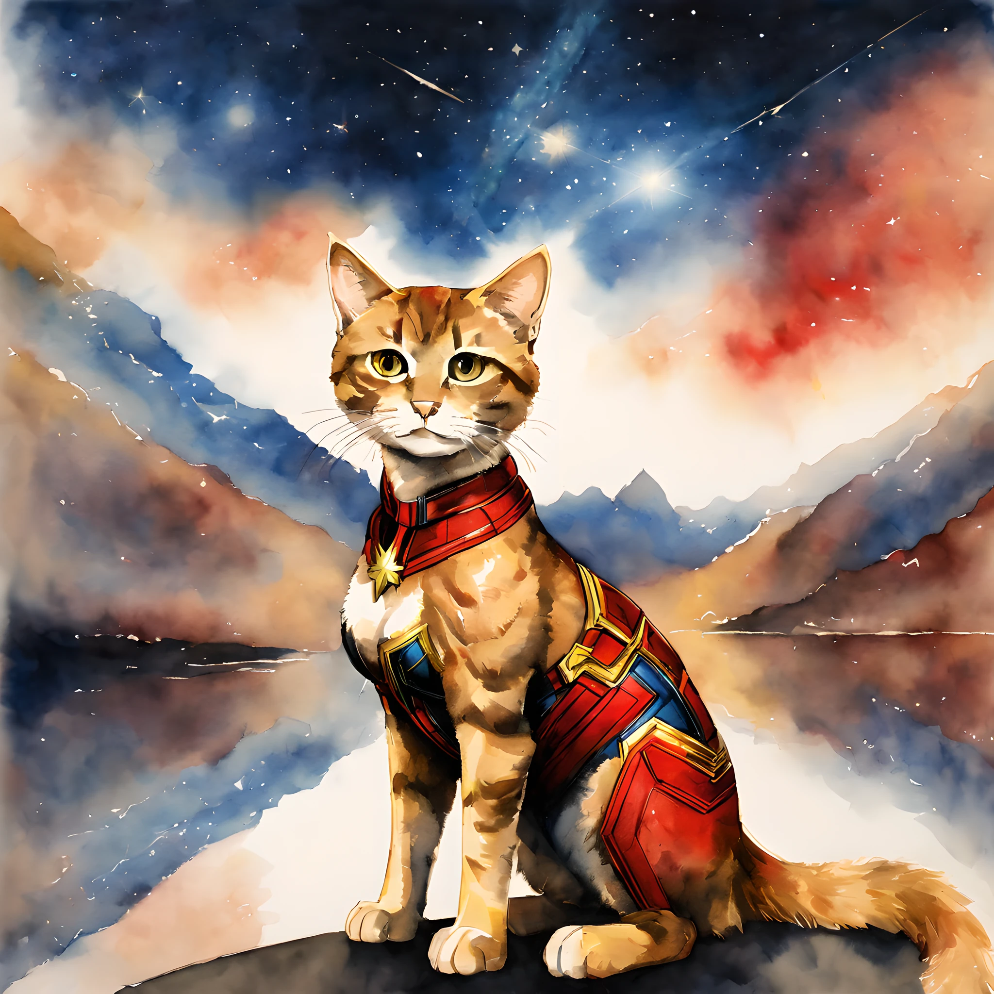 (Goose cat and Captain Marvel:1.5), (Marvel theme:1.5), (ink and watercolor painting:1.5), (Tasteful:1.5), (ink and watercolor painting:1.5), (full color:1.5), 8k, 4k, (landscapes:1.5), (standing at Universe:1.5), (captain marvel and フラーケン:1.5),(universe:1.5), (space:1.5),