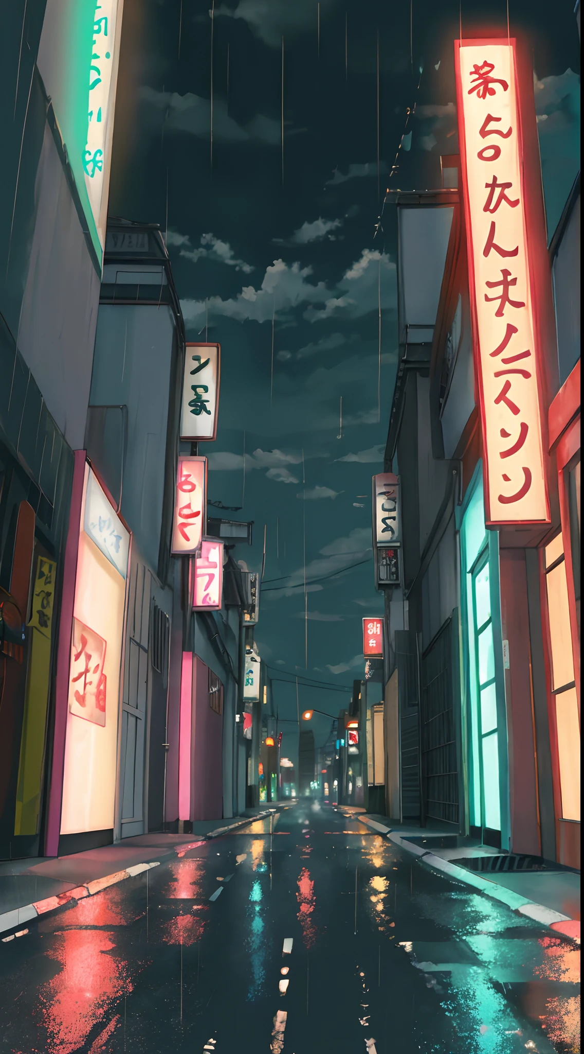 tokyo back street in the night, neon, raining, reflections
