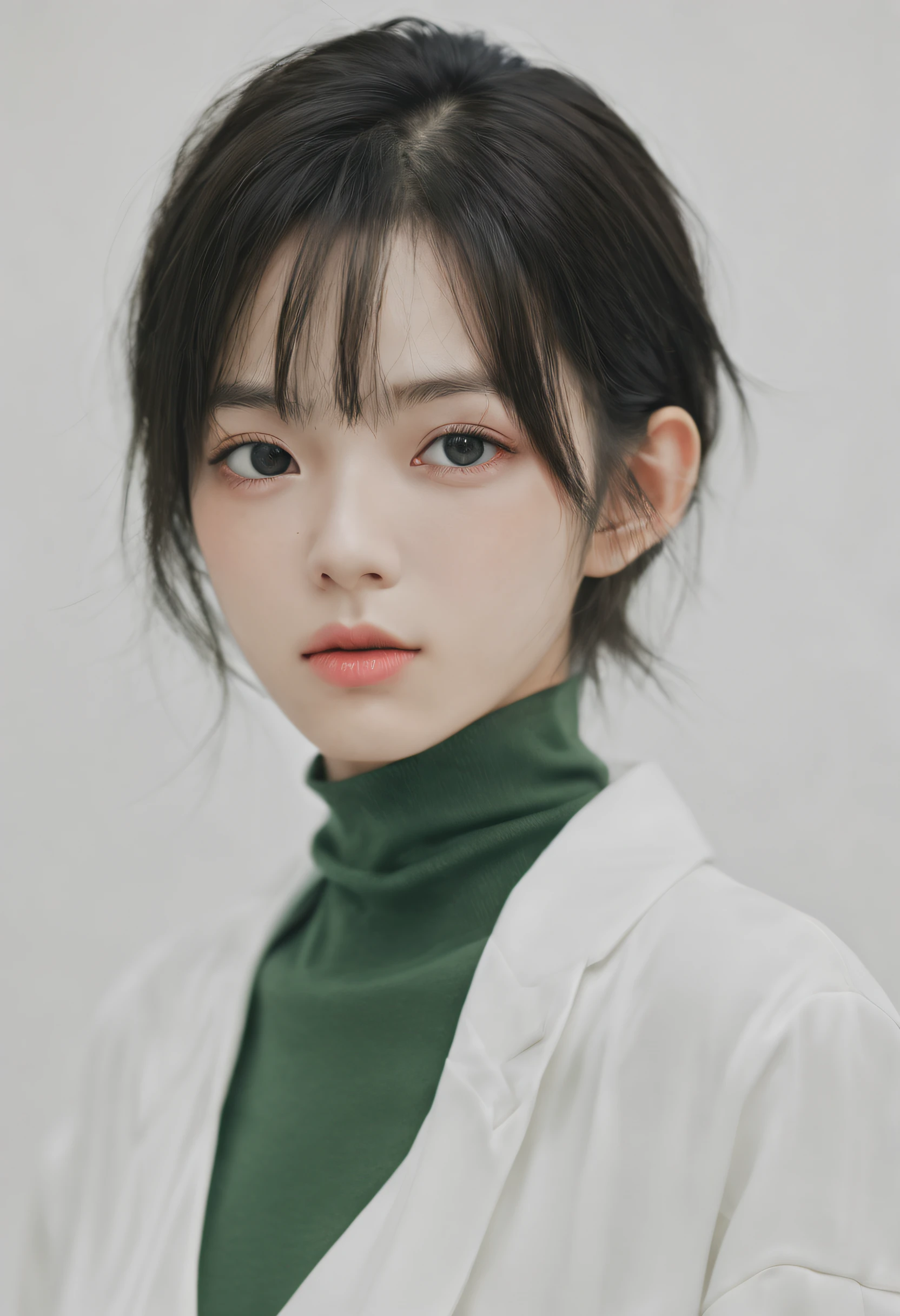 xxmixgirl,Female anime manga characters, in the style of haunting portraiture, dark green and light black, uncanny valley realism, gongbi, barbizon school, shiny eyes, multilayered realism
