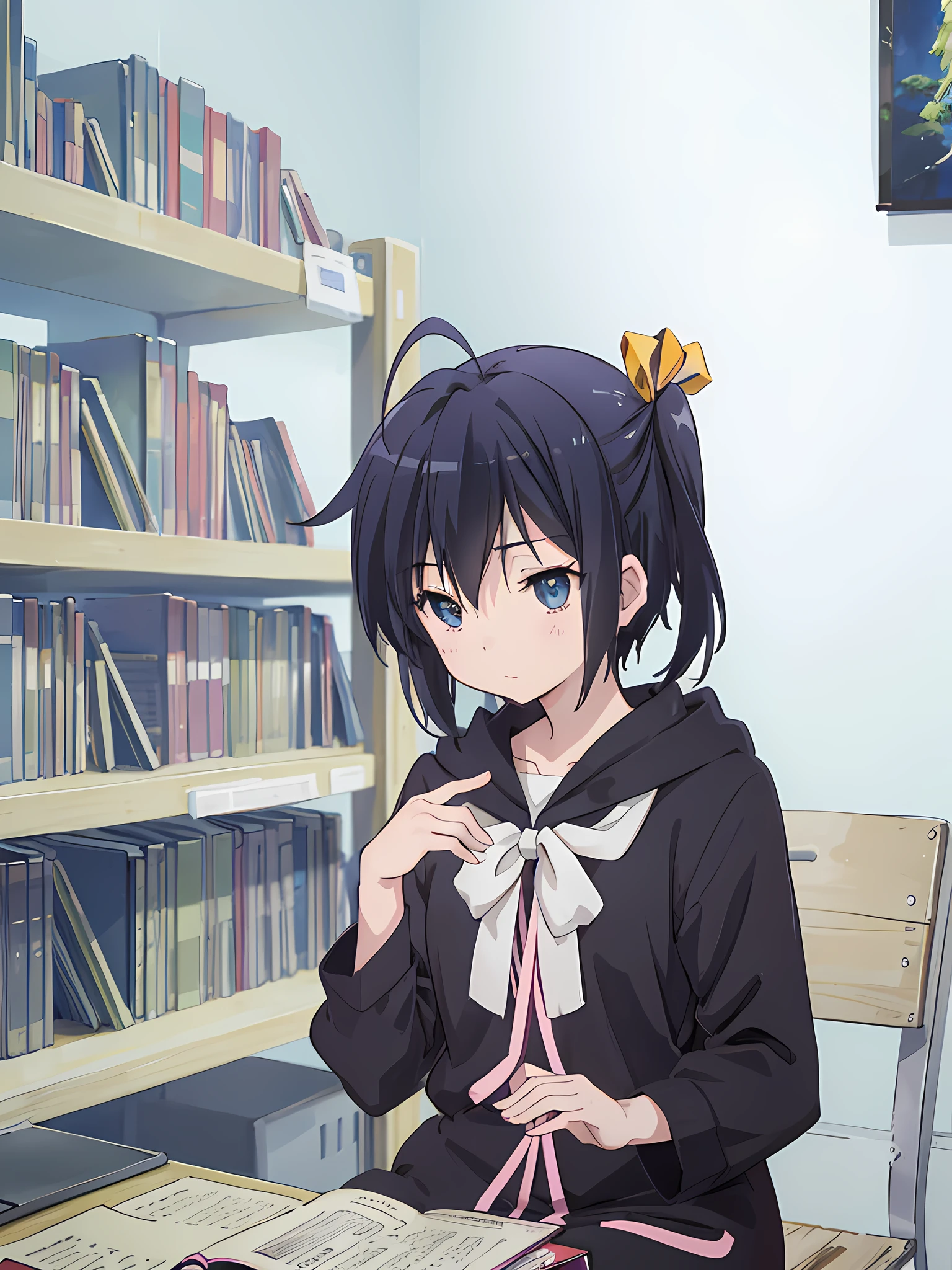 anime girl sitting in the library reading, book shelfs in the background, (1girl), black hair, wearing an eyepatch, beautiful anime artwork, ultrasharp, masterpiece, high res, 8k